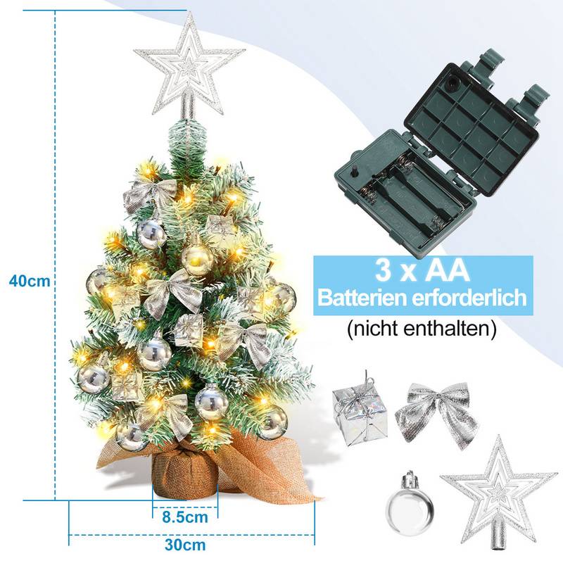 Künstlicher LED Weihnachtsbaum Tannenbaum 40 cm Christbaum Beleuchtet Weihnachtsdeko Dekobaum Lichterbaum,Silber