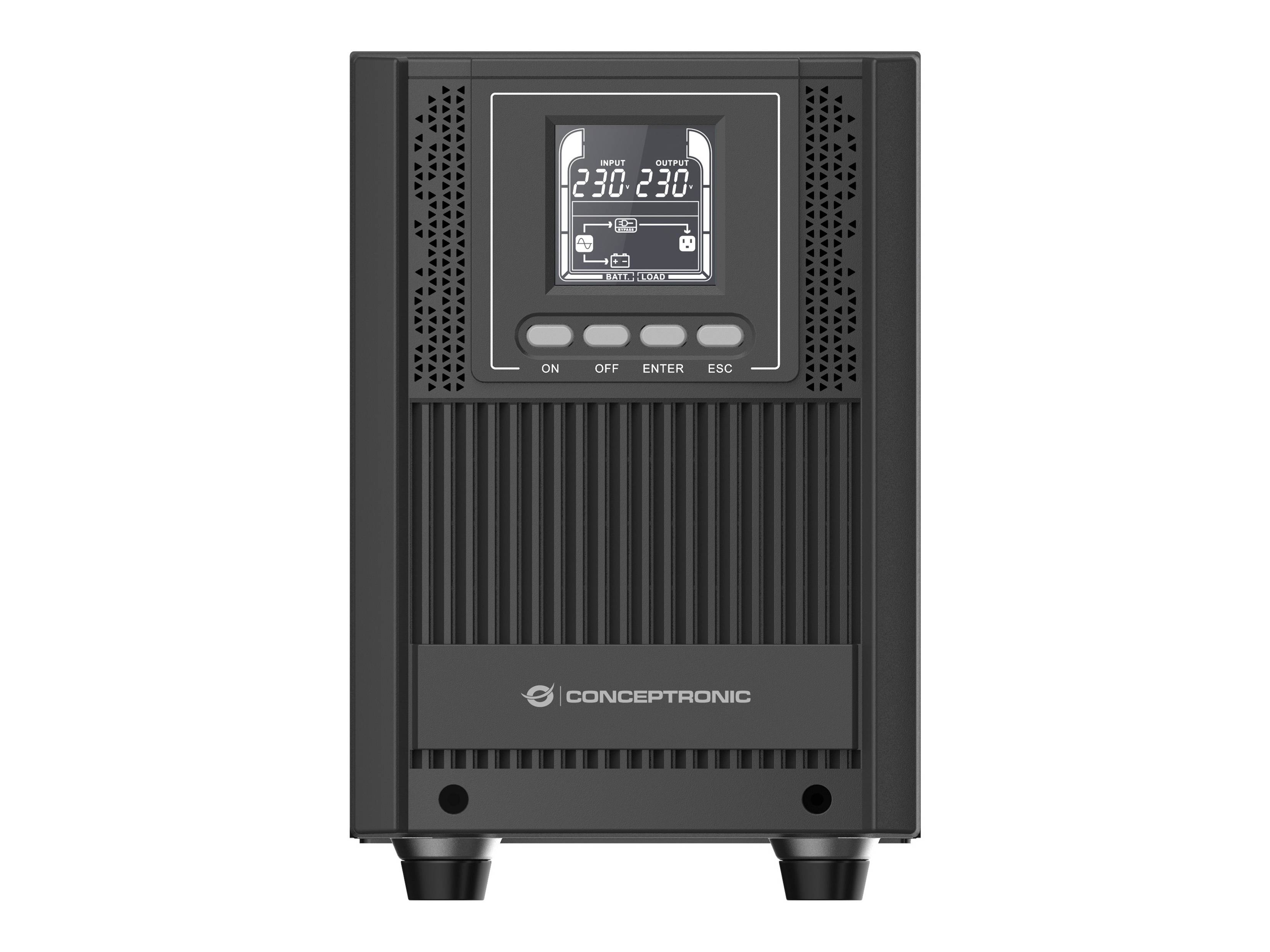 Frontansicht einer schwarzen ConcepTRONIC unterbrechungsfreien Stromversorgung mit kleinem LCD-Display und vier Bedientasten.