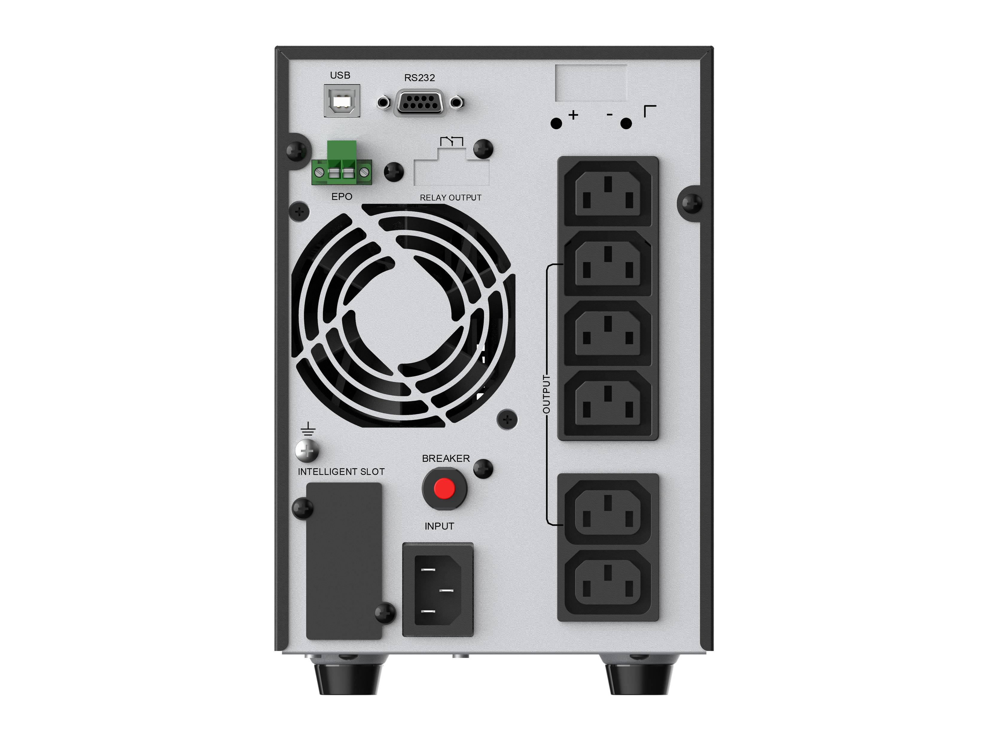 Rückansicht einer USV mit Kühlventilator, USB- und RS232-Anschlüssen, Schutzschalter, Eingangssteckdose, intelligentem Steckplatz und mehreren Ausgangsanschlüssen.