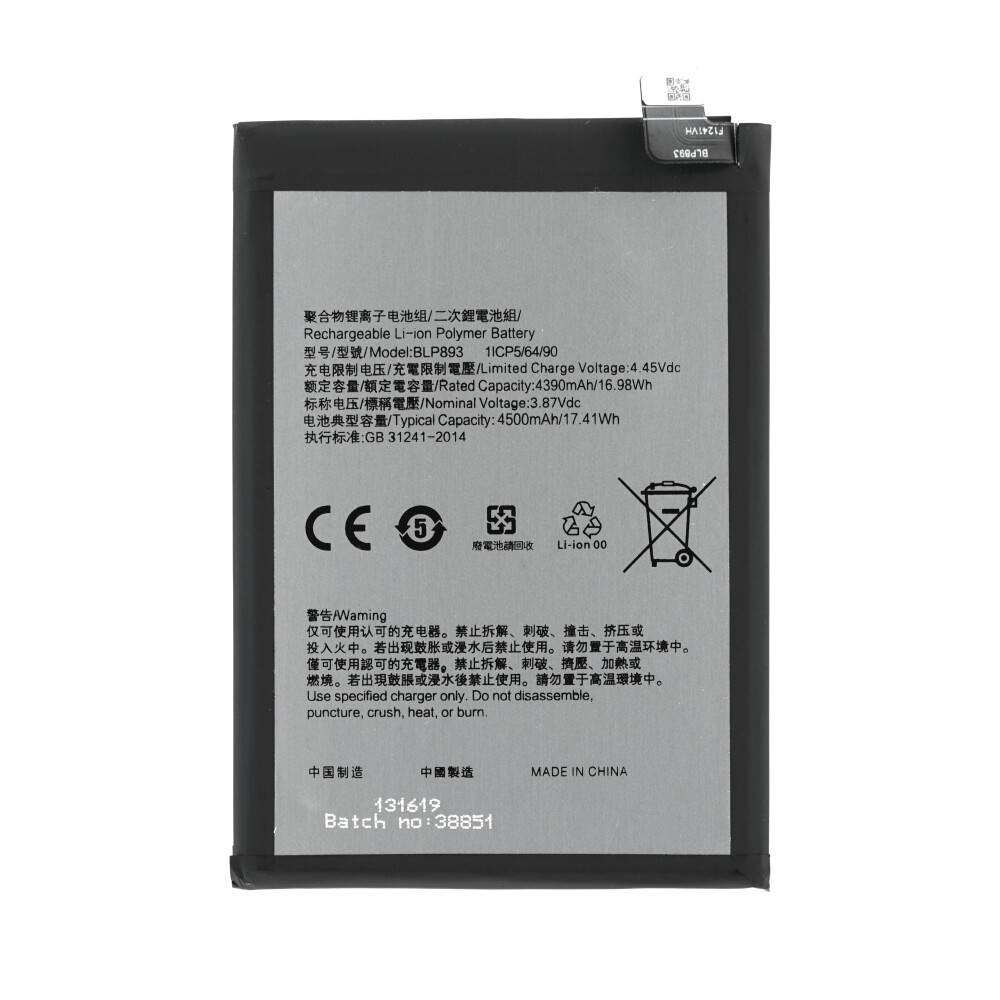 Rechteckiger Lithium-Polymer-Akku mit Text, der eine Kapazität von 4500mAh, eine Spannung von 3,85V und Warnsymbole anzeigt. Hergestellt in China.