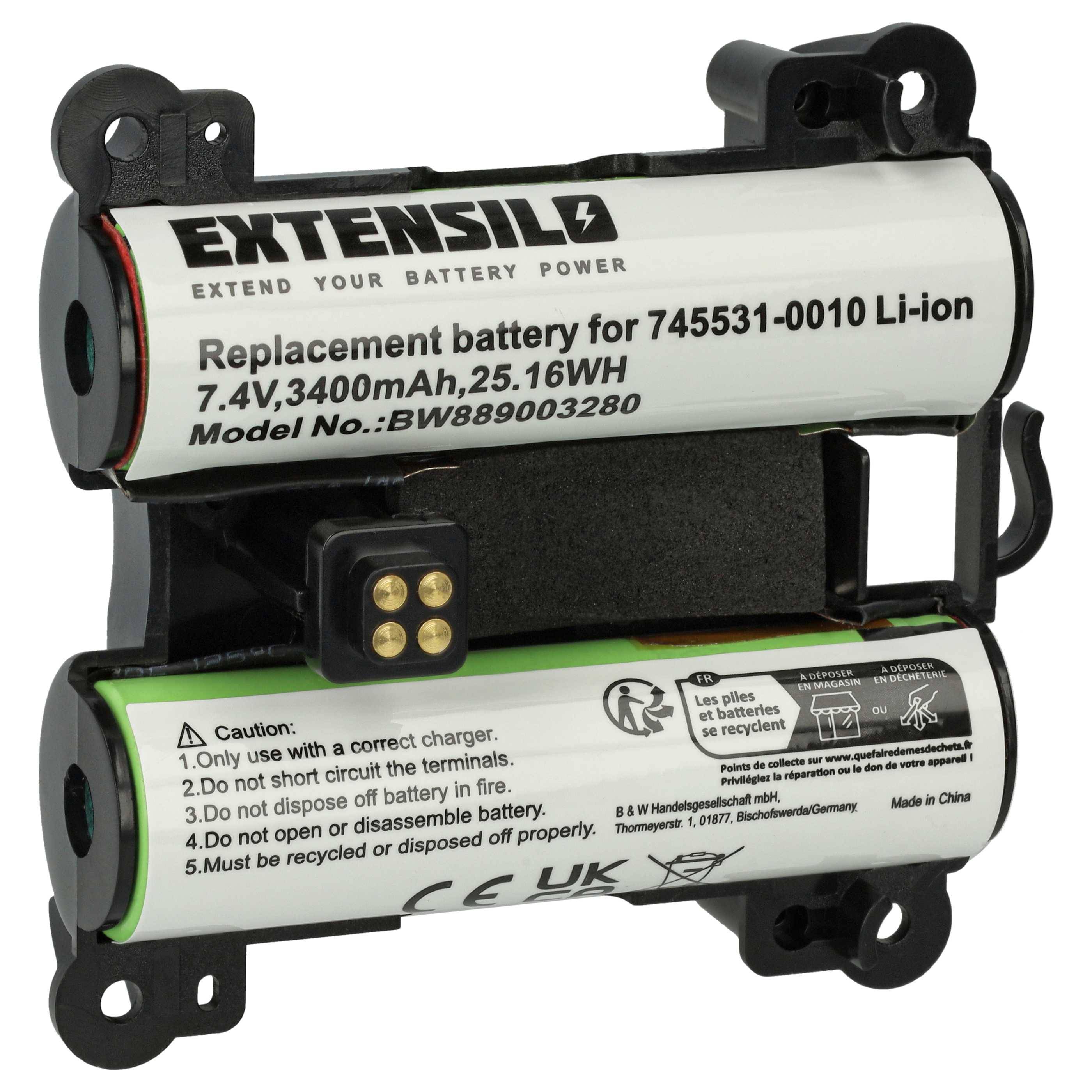 Extensilo Ersatzbatterie, 7,4V, 3400mAh, 25,16Wh, Modell BW889003280, für 745531-0010, mit Warnung zur korrekten Verwendung.