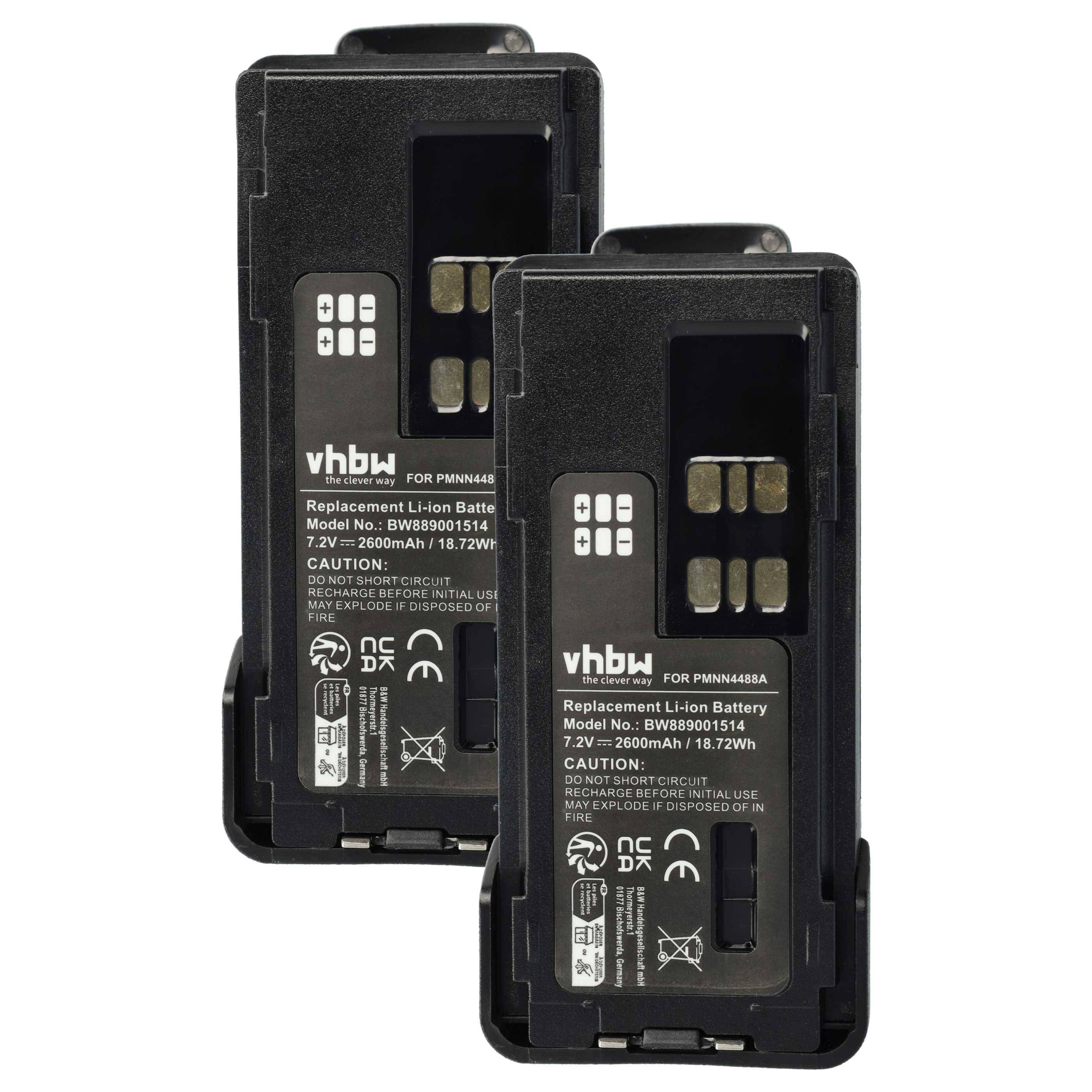 Zwei schwarze vhbw Ersatz-Li-Ionen-Akkus, 7,2V, 2400mAh, mit Produktetiketten, die Modellnummer, Kapazität und Warnhinweise anzeigen.
