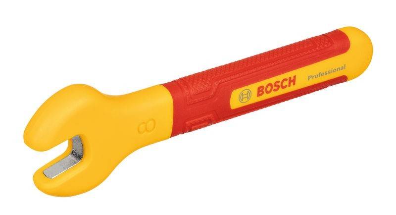 Gelber und roter Bosch Professional Schraubenschlüssel mit offenem Maulschlüssel, dargestellt auf weißem Hintergrund.