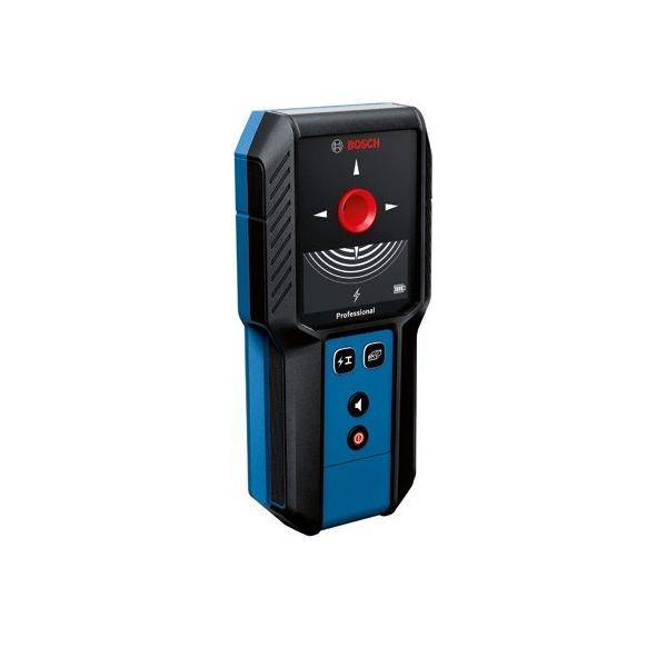 Das Bild zeigt einen digitalen Bosch-Detektor mit einem blau-schwarzen Gehäuse und einem Display, auf dem ein rotes kreisförmiges Symbol zu sehen ist, der zum Aufspüren von Objekten hinter Oberflächen verwendet wird.