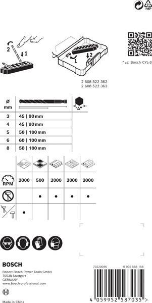 Bohrereinsatz-Auswahldiagramm mit Durchmessern (Ø) und Längen: 3 (45/90mm), 4 (45/90mm), 5 (50/100mm), 6 (50/100mm). Drehzahleinstellungen: 2000, 500, 2000, 2000.