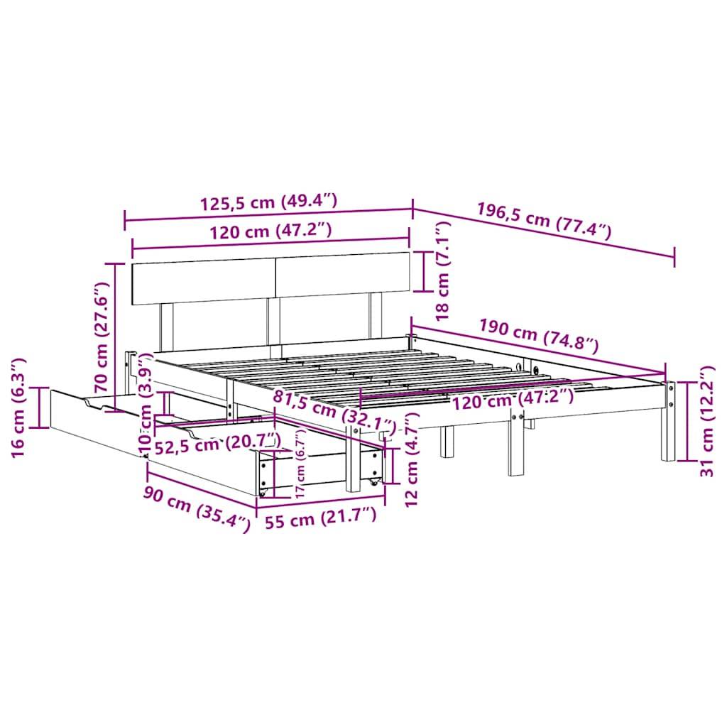 vidaXL Massivholzbett ohne Matratze 120x190 cm Kiefernholz