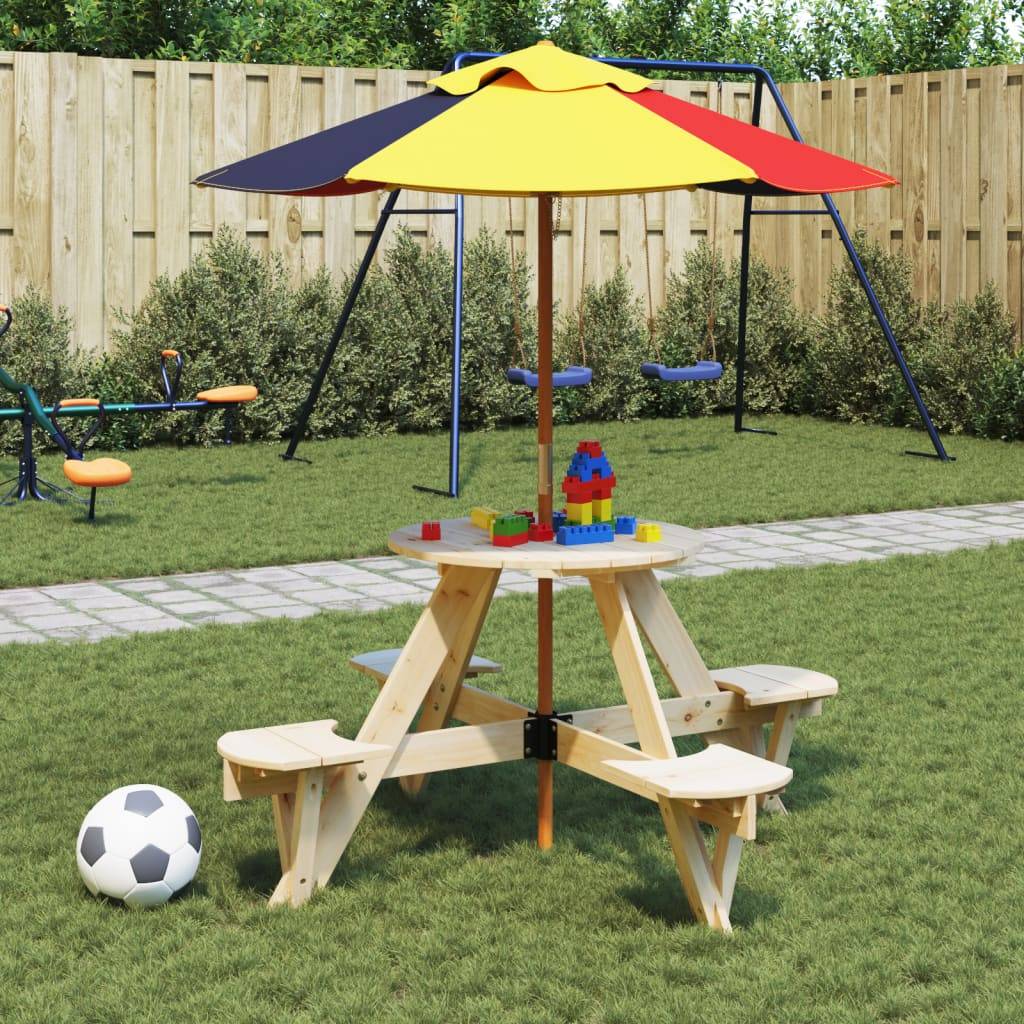 vidaXL Picknicktisch für 4 Kinder mit Schirmloch Rund Massivholz Tanne