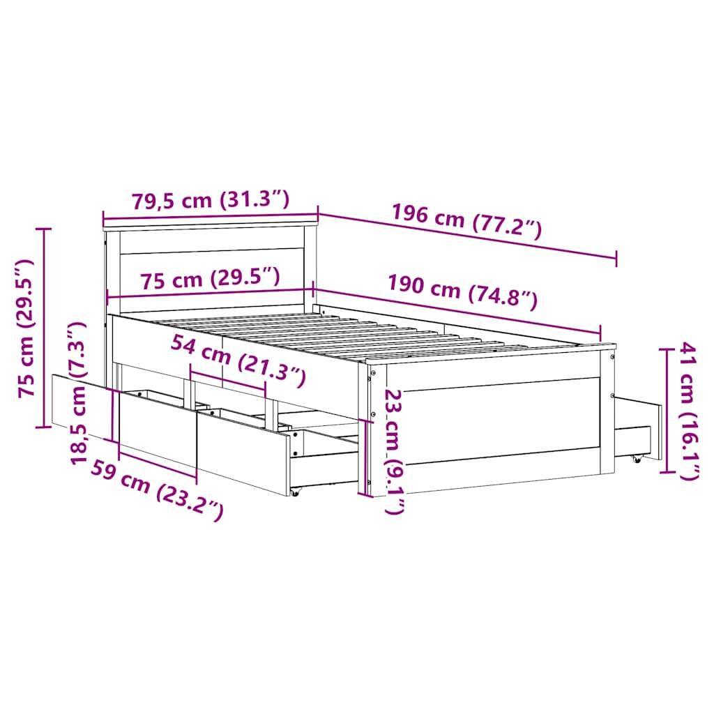vidaXL Massivholzbett ohne Matratze mit Kopfteil Weiß 75x190 cm