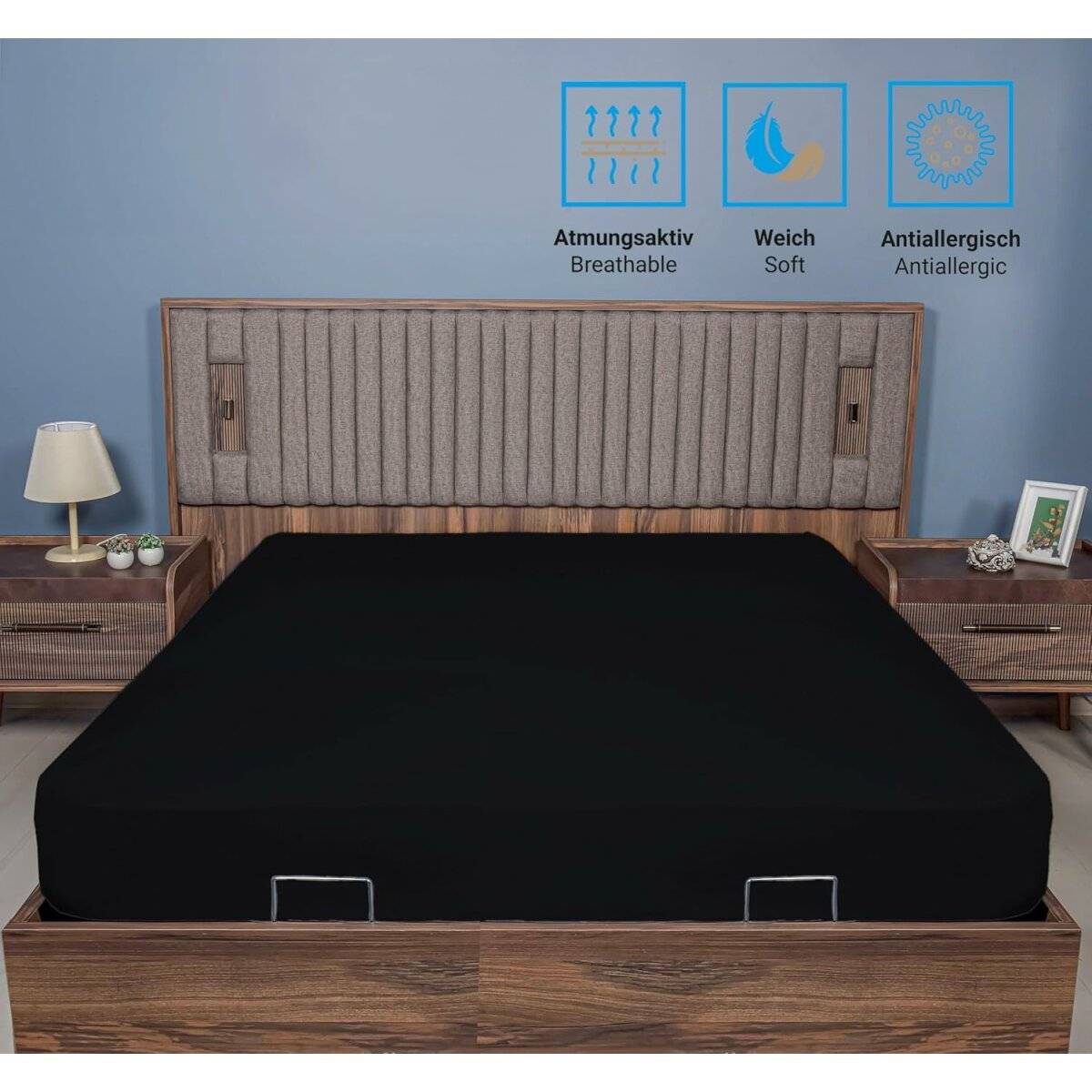 Spannbettlaken Jersey 90x200cm 100% Baumwolle Boxspringbetten und alle Betten bis 25 cm Schwarz