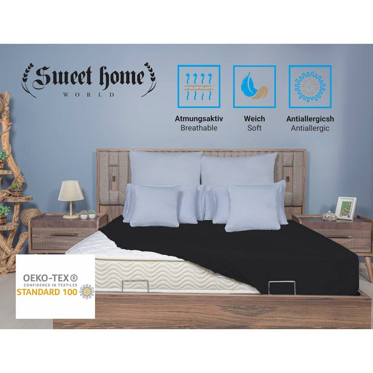 Spannbettlaken Jersey 90x200cm 100% Baumwolle Boxspringbetten und alle Betten bis 25 cm Schwarz