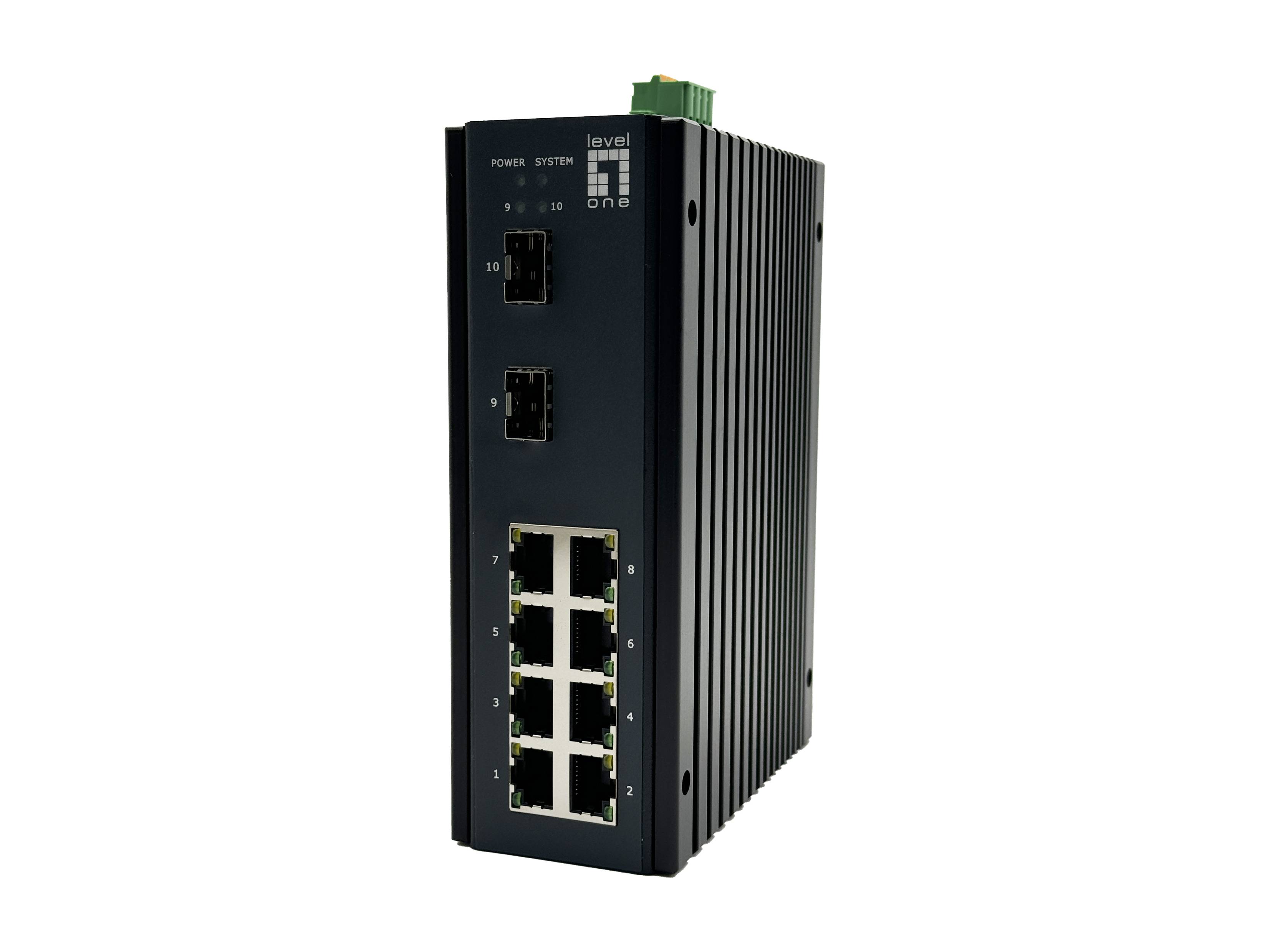 Schwarzer industrieller Netzwerk-Switch mit mehreren Ethernet-Anschlüssen auf der Vorderseite und einem gerillten Metallgehäuse zur Montage in einem Rack.