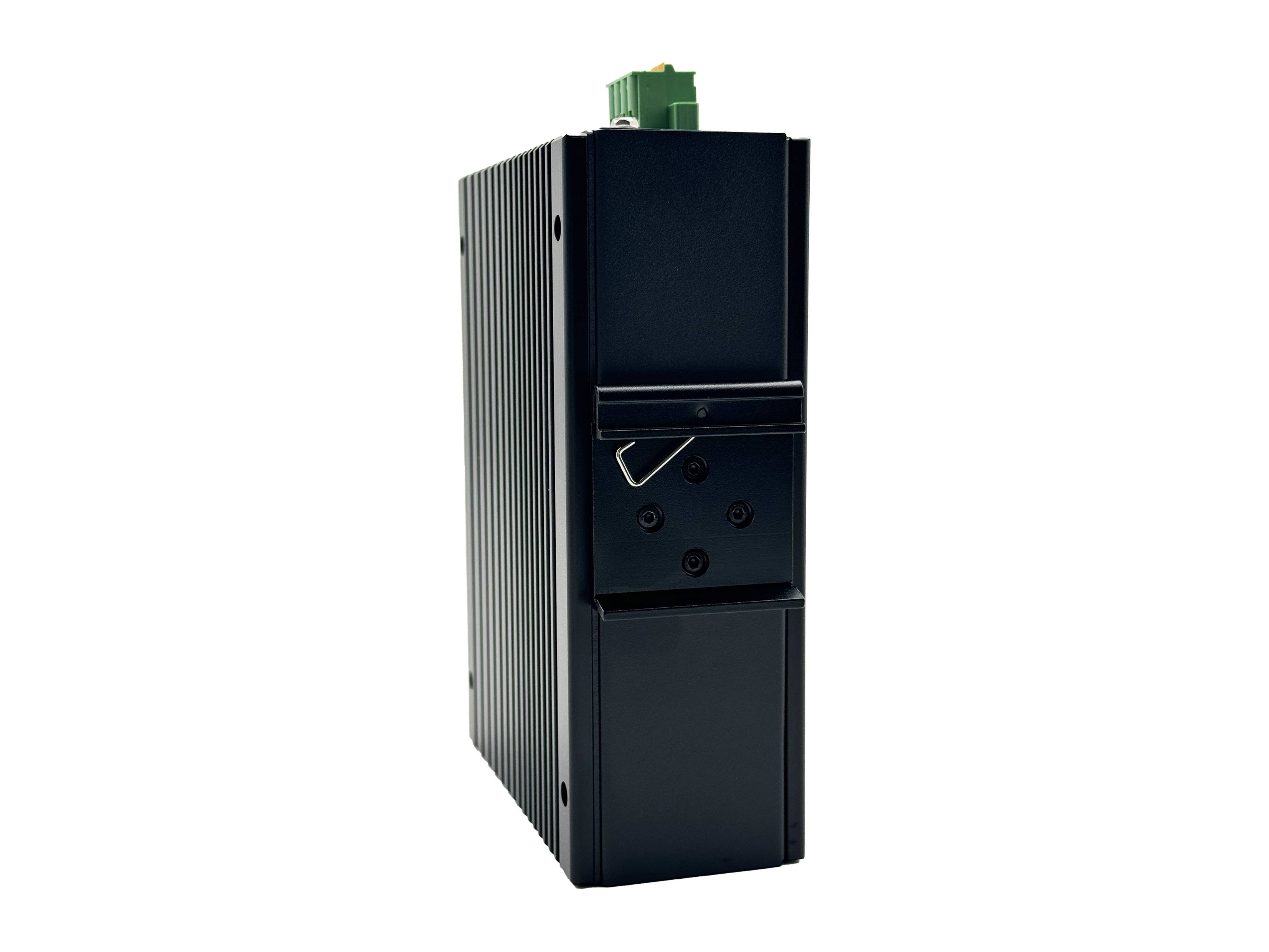 Schwarzes rechteckiges industrielles elektronisches Modul mit Seitenleistenatmern und grünem Stecker oben, auf weißem Hintergrund dargestellt.