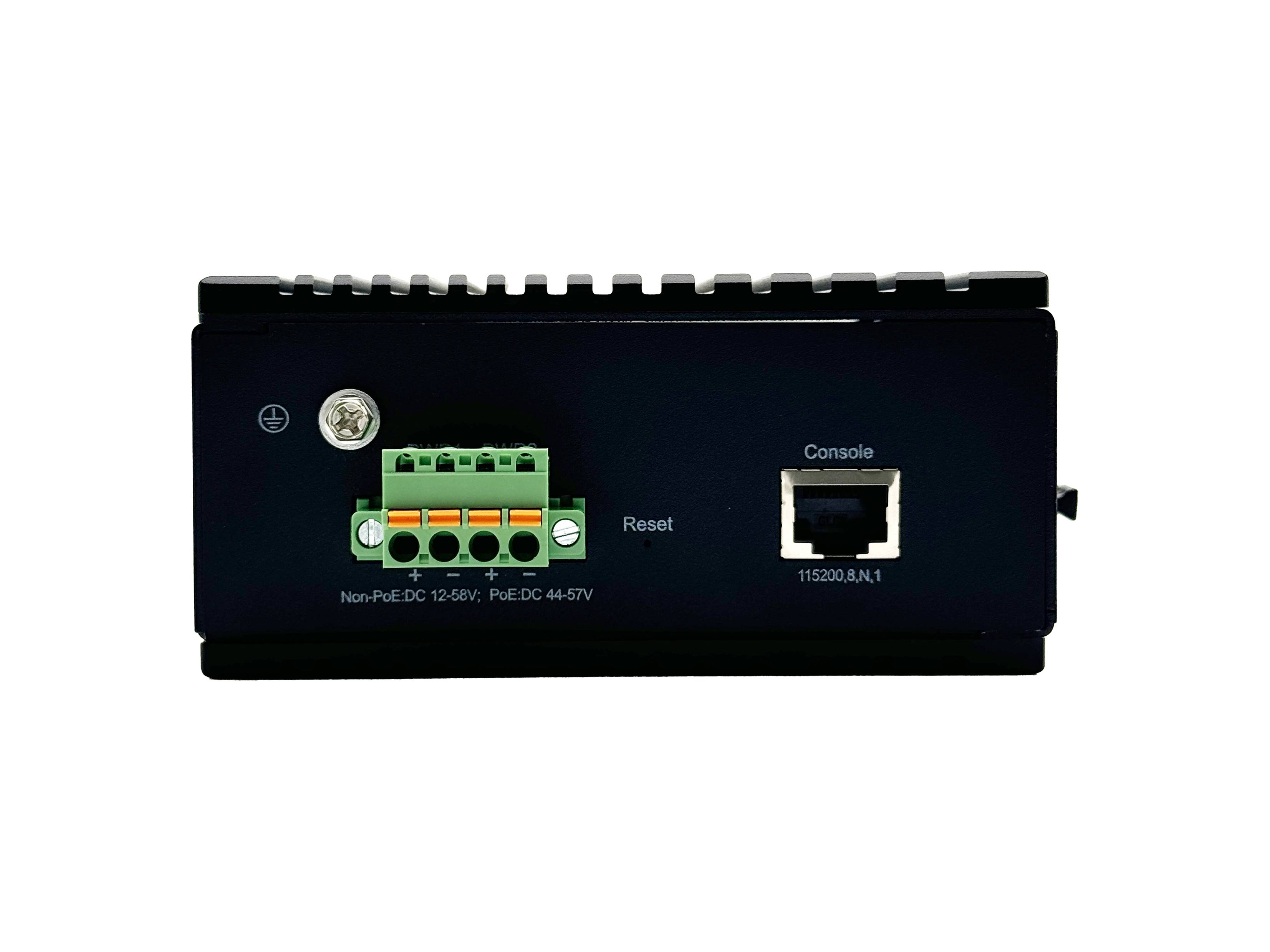 Schwarzes elektronisches Konsolmodul mit grünem Klemmblock, gekennzeichnet für Non-PoE DC 12–56 V und PoE DC 48–57 V, plus einen „Console