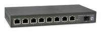 Vorderansicht eines kleinen Netzwerk-Switches mit acht Ethernet-Anschlüssen und Anzeigelampen auf einem grauen rechteckigen Gerät.