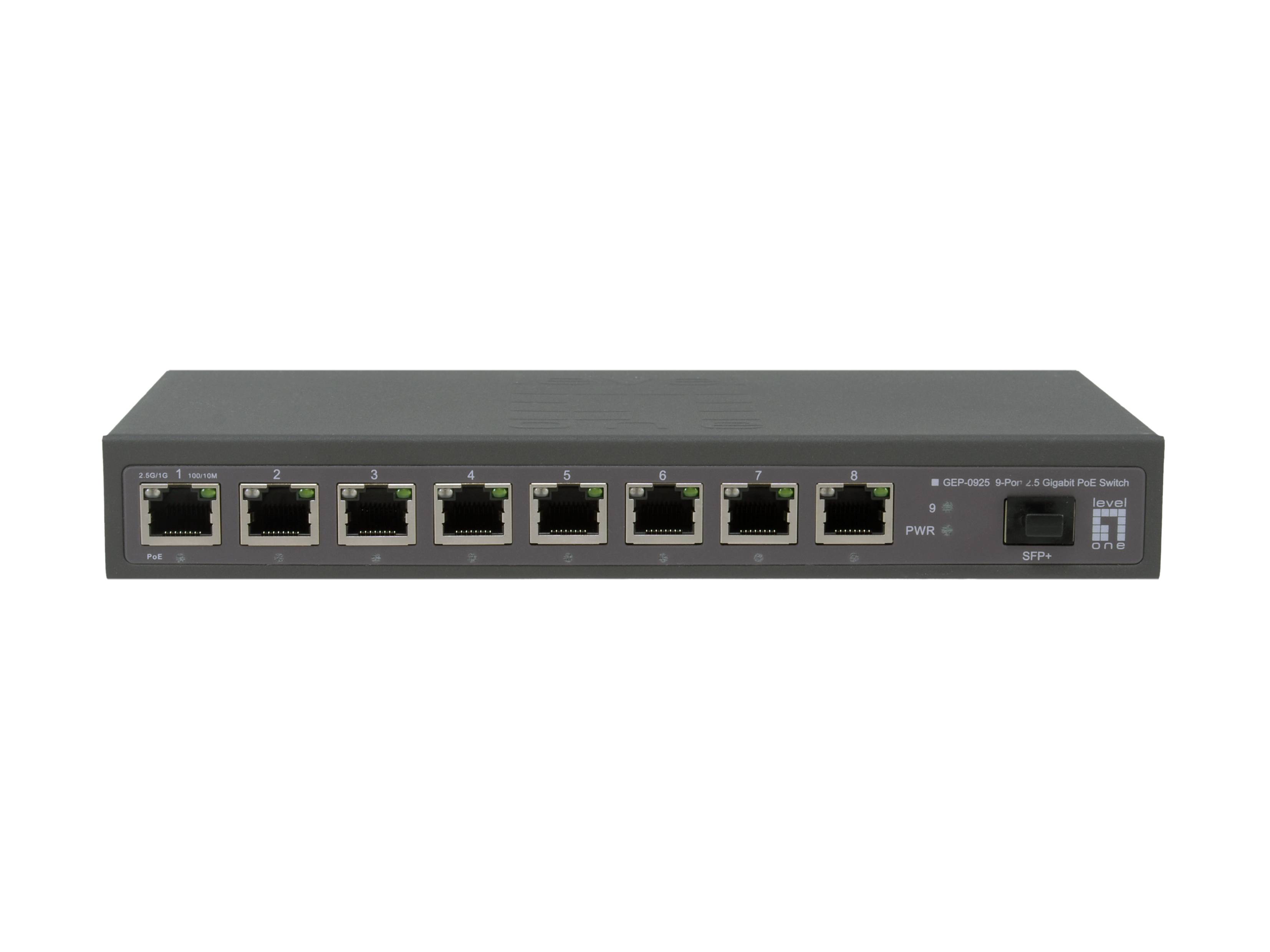 Vorderansicht eines grauen Ethernet-Netzwerk-Switches mit acht RJ45-Anschlüssen und Stromversorgungs-/Statusanzeigen auf der rechten Seite.