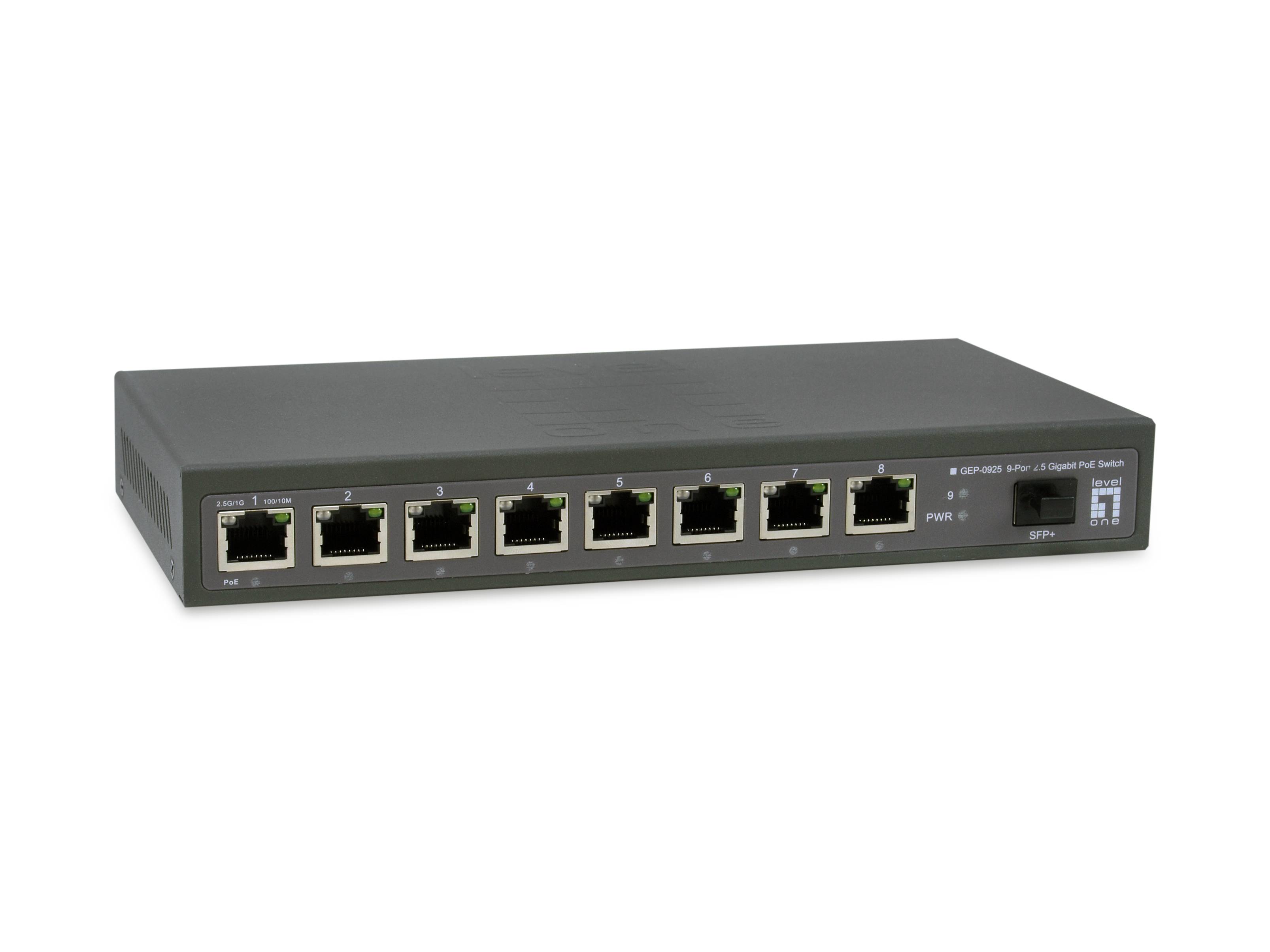 Grauer 8-Port-Ethernet-Switch mit Statusleuchten und Stromanschluss auf der Vorderseite, dargestellt auf weißem Hintergrund.
