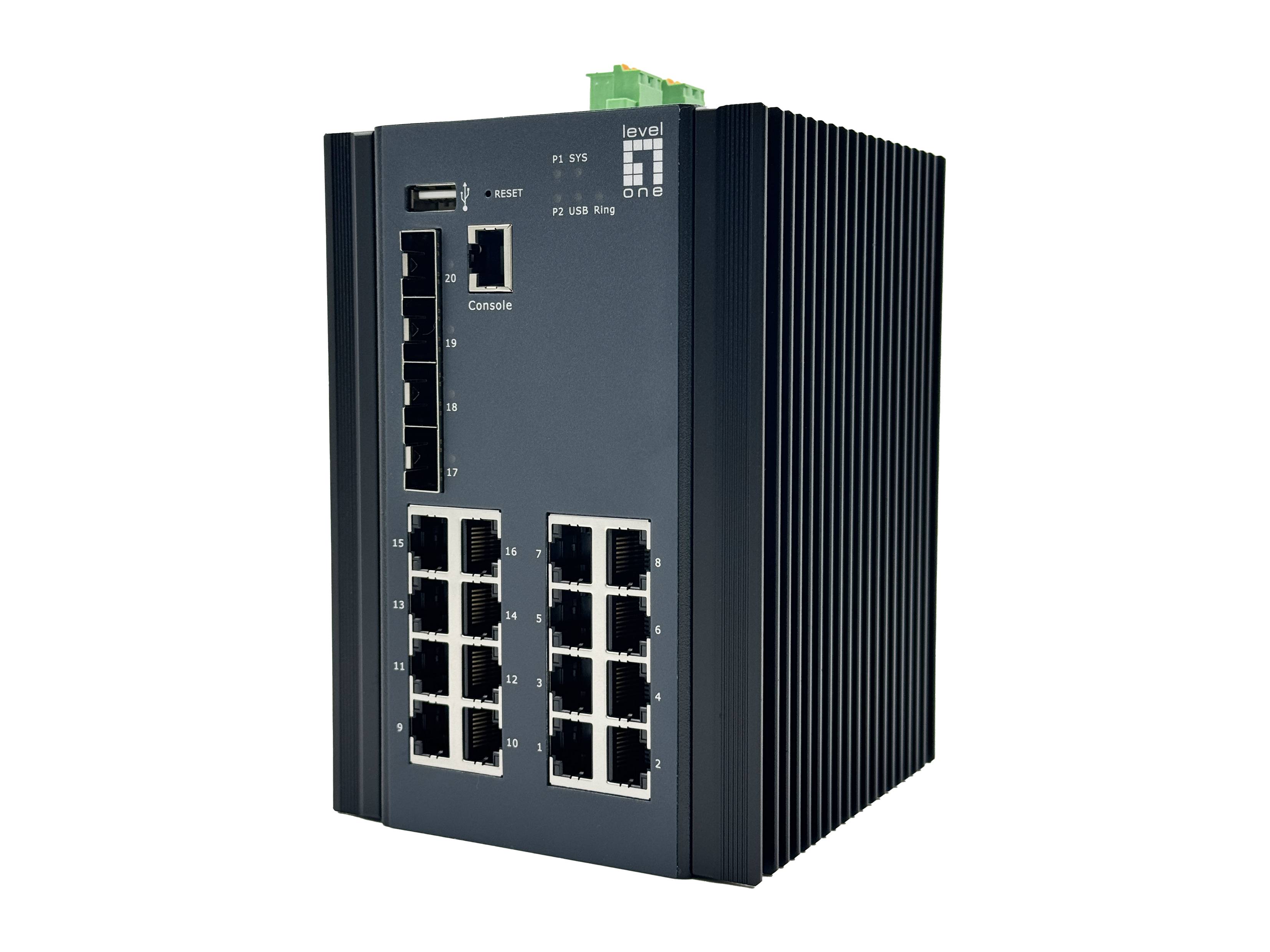 Industrieller Ethernet-Switch mit mehreren RJ45-Anschlüssen, einem Konsolenport und Status-LEDs in einem schwarzen Metallgehäuse mit Kühlrippen.