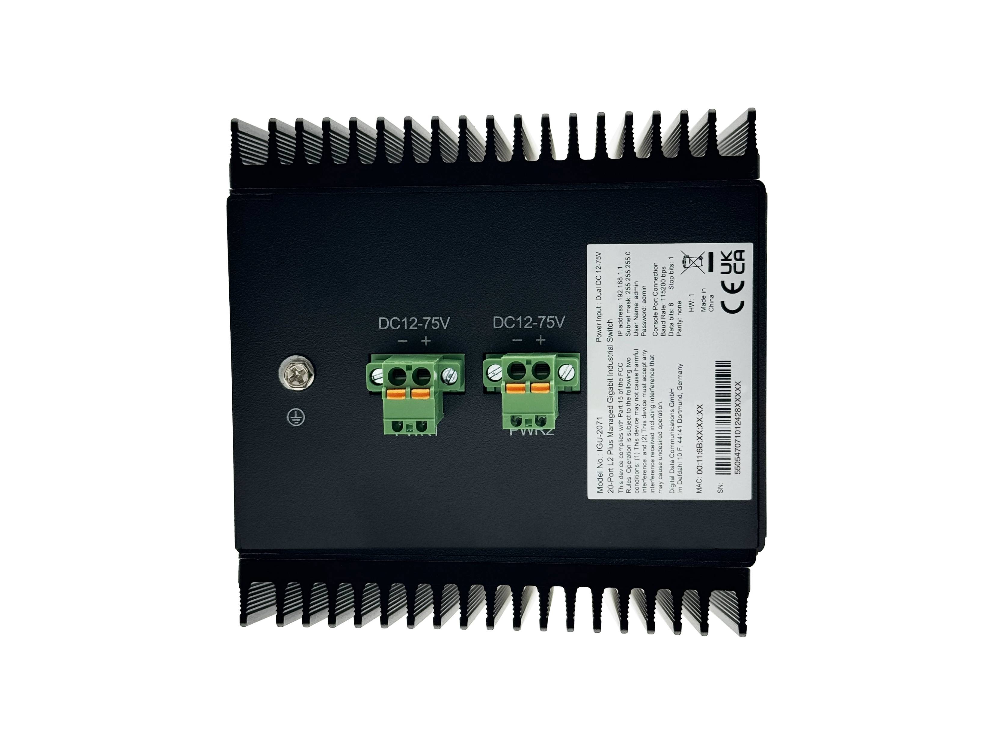 Schwarzes elektronisches Gerät mit Kühlrippen und zwei grünen Klemmblöcken mit der Aufschrift DC12-75V, von oben auf weißem Hintergrund fotografiert.