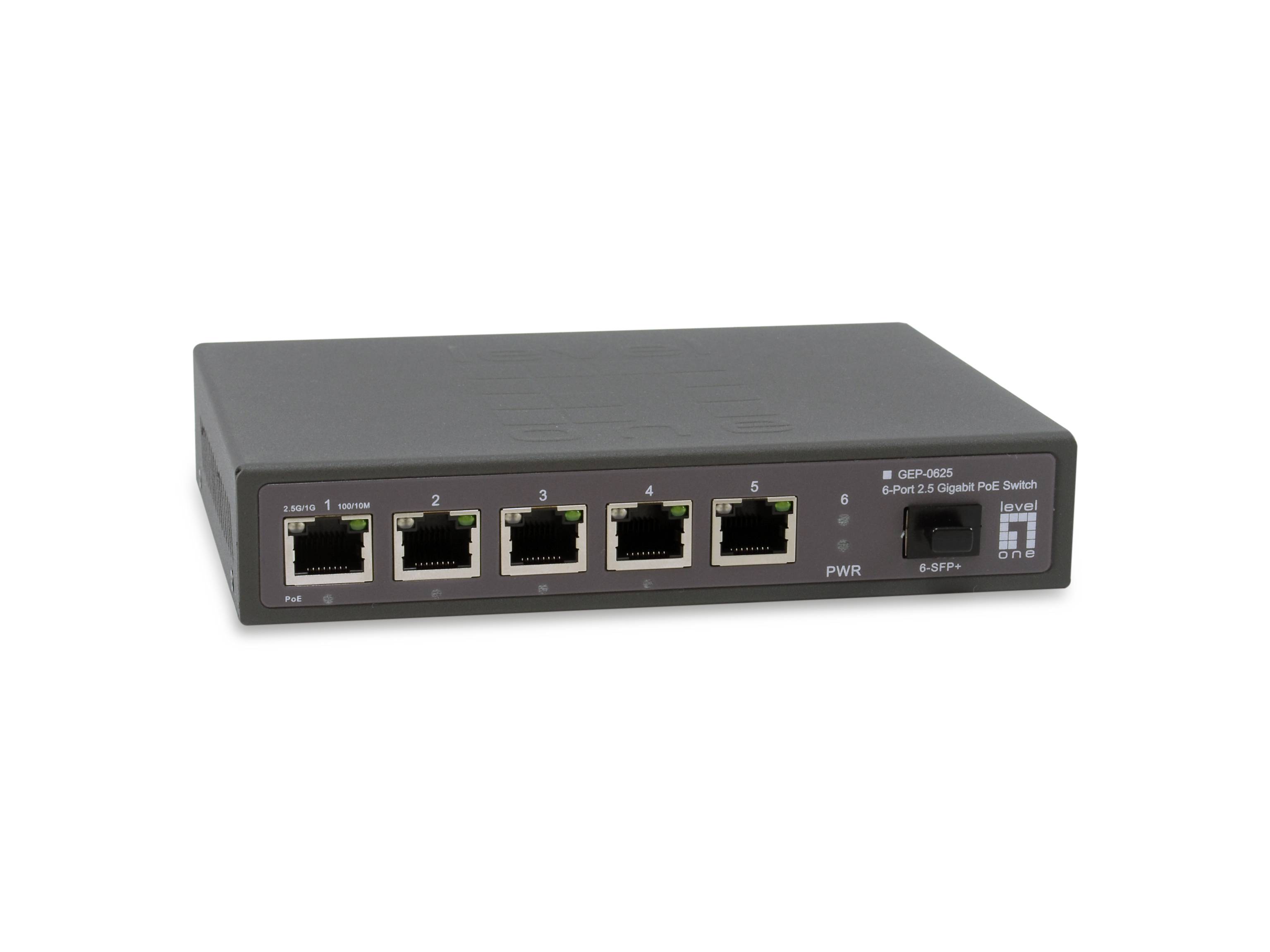 Grauer 5-Port-Ethernet-Netzwerk-Switch mit Status-Leuchten auf der Frontplatte und Stromeingans, dargestellt auf weißem Hintergrund.