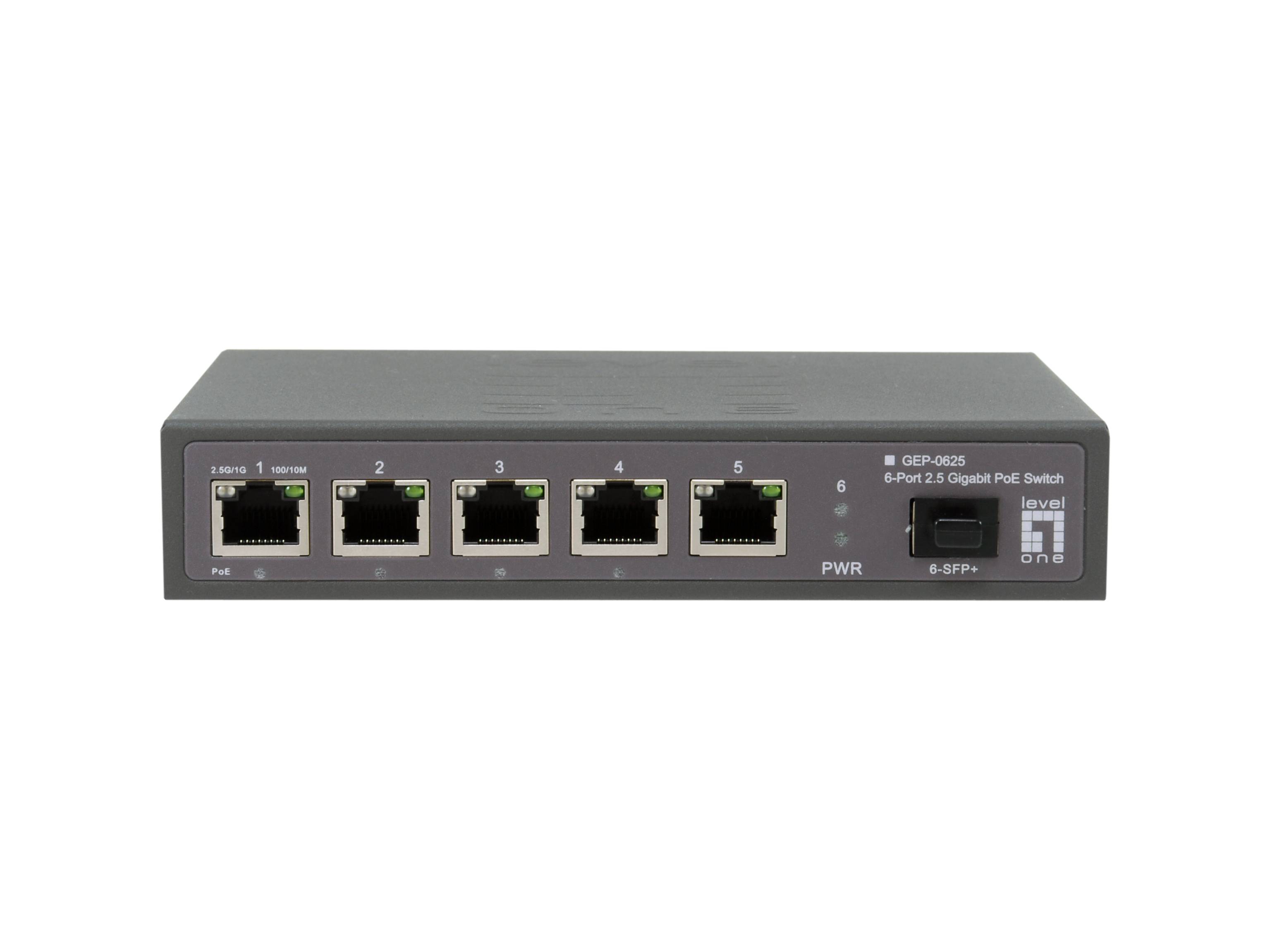 Frontansicht eines grauen 5-Port-Gigabit-PoE-Ethernet-Switches mit nummerierten Anschlüssen 1-5, einem 6. SFP-Port und PWR-Anzeige.