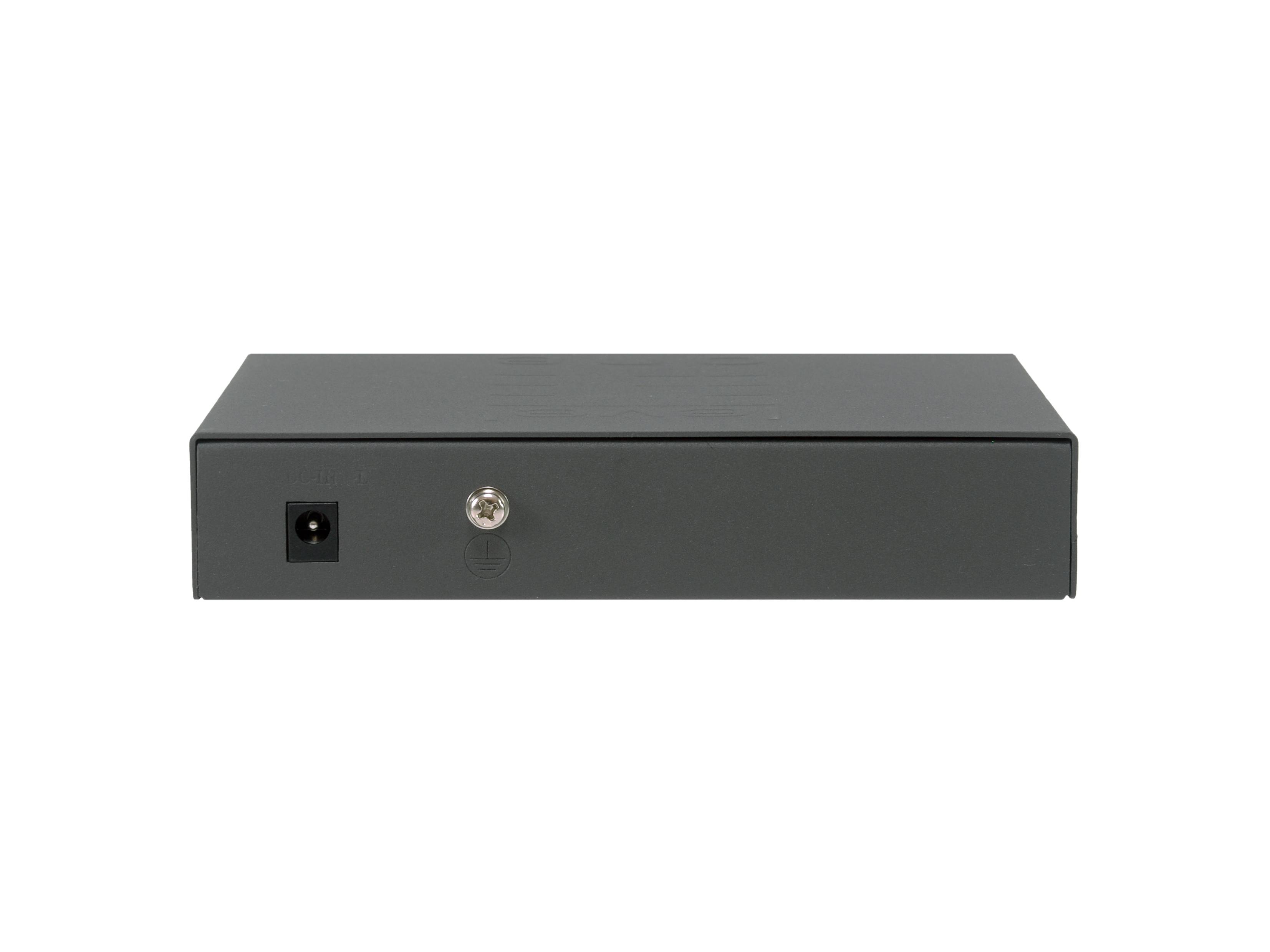 Frontansicht einer grauen rechteckigen elektronischen Box mit einer Strombuchse und einer kleinen Schraube auf der Frontplatte.
