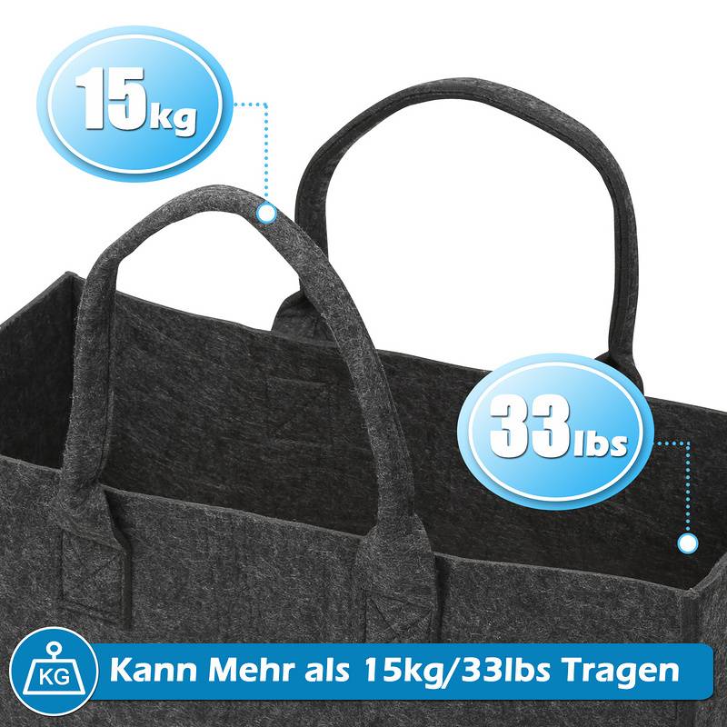 Filztaschen für kaminholz 2 Stück 50 x 25 x 25 cm Dunkelgrau Kaminholztasche Faltbar Filzkorb Kaminholzkorb Einkaufstasche