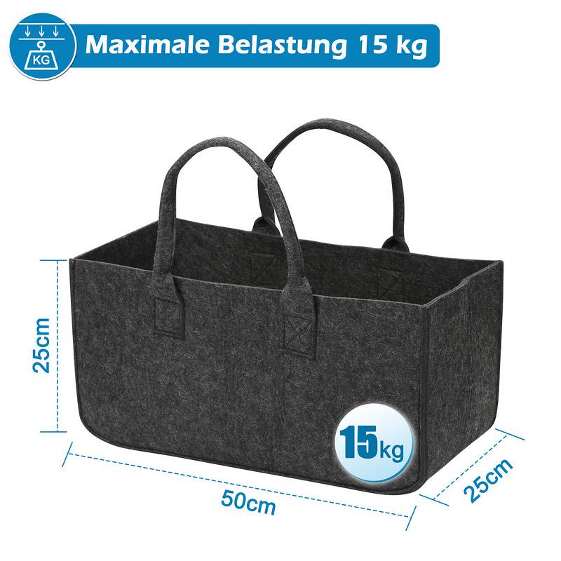 Filztaschen für kaminholz 2 Stück 50 x 25 x 25 cm Dunkelgrau Kaminholztasche Faltbar Filzkorb Kaminholzkorb Einkaufstasche