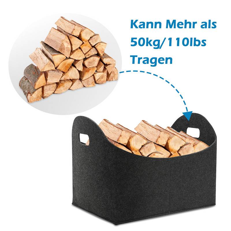 Filztaschen für kaminholz 2 Stück 44 x 31 x 34 cm Dunkelgrau Kaminholztasche Faltbar Filzkorb Kaminholzkorb Einkaufstasche