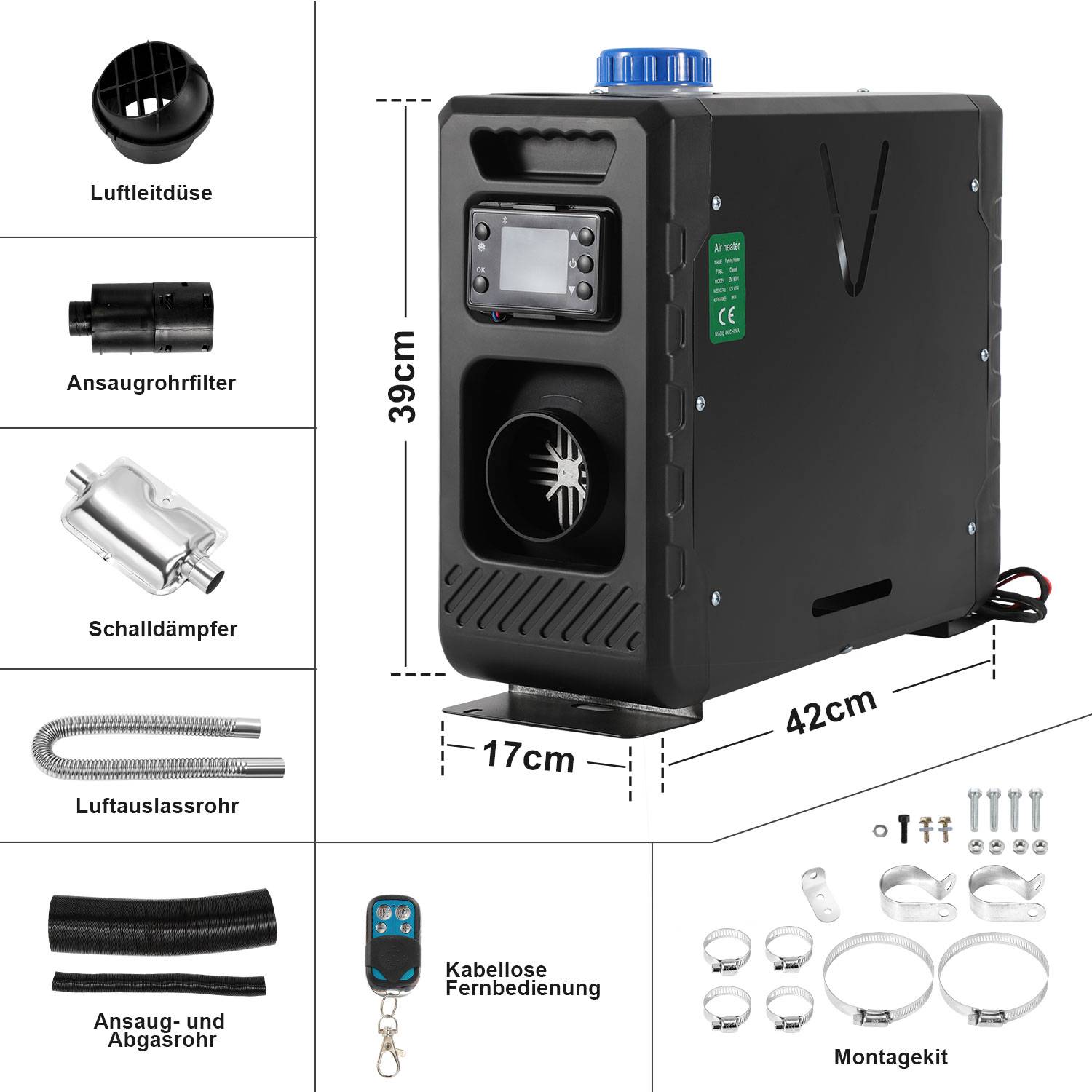 Diesel Standheizung 12V 8KW All-in-One Bluetooth-Steuerung Air Diesel Lufterhitzer für PKW LKW Wohnmobil mit LCD Schalter Schwarz