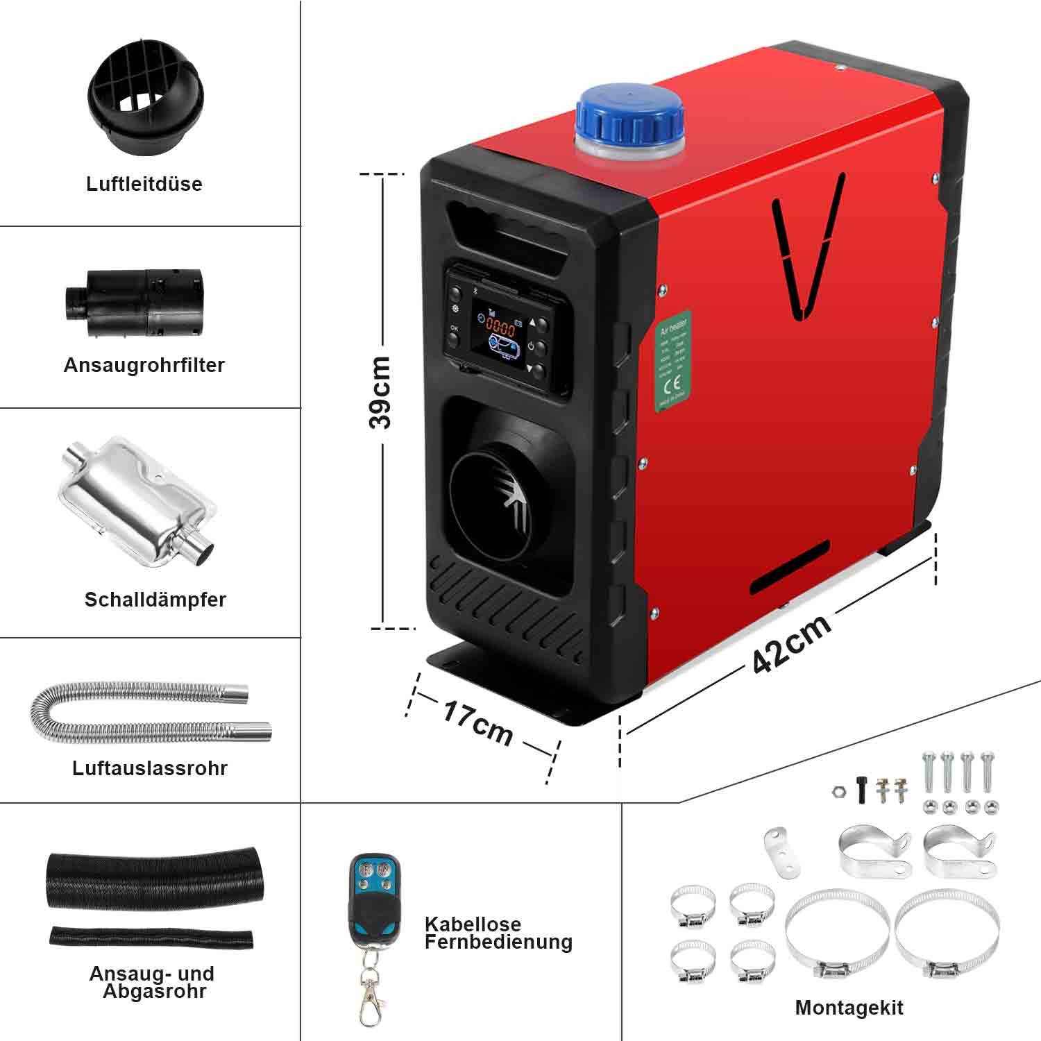 12V 8KW Diesel Standheizung 12V 24V Bluetooth-Steuerung Integration Air Diesel Luftheizung LCD für Auto PKW LKW Wohnmobil Rot