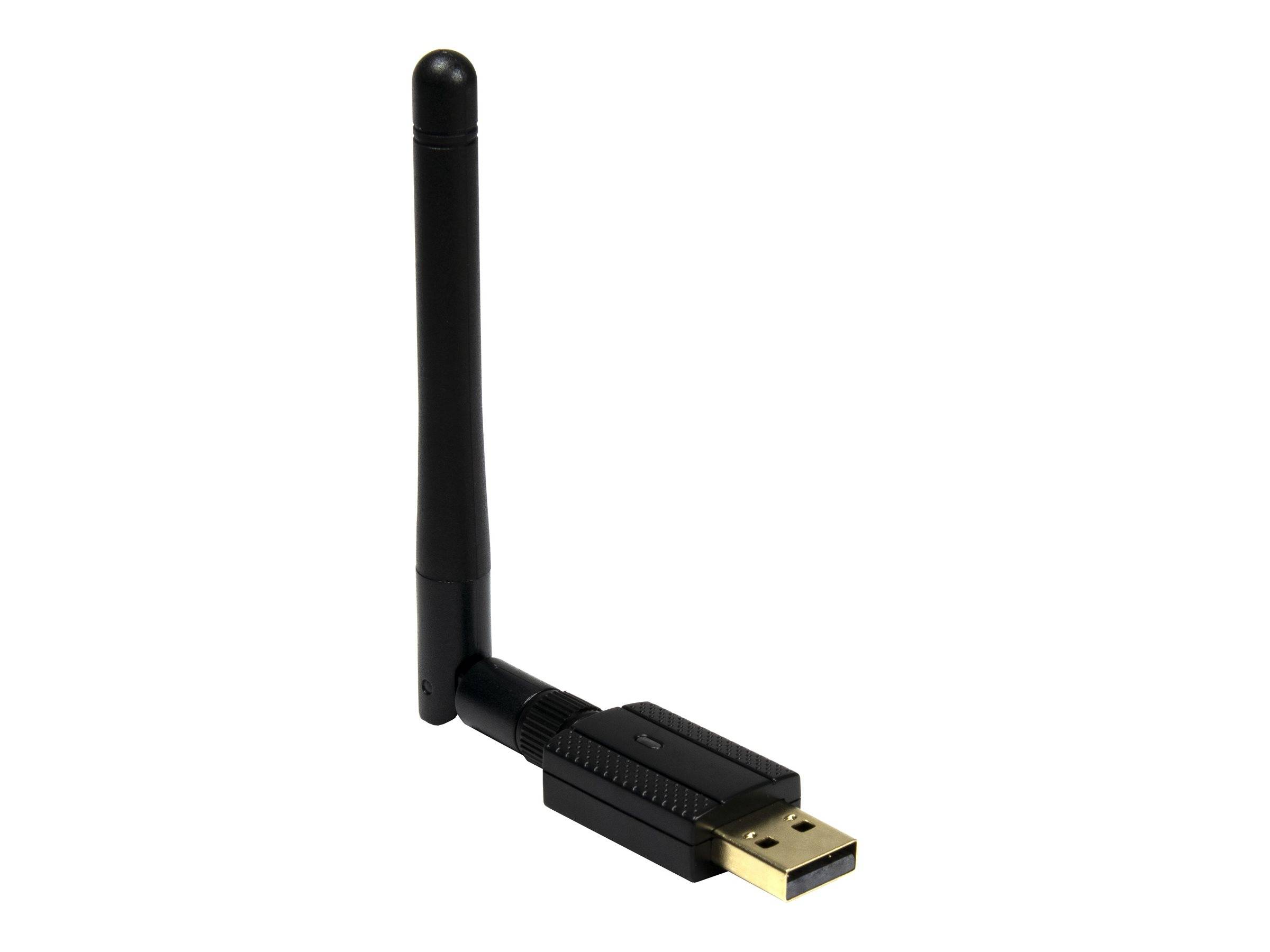 USB-Wireless-Adapter mit langer schwarzer Antenne und goldenem USB-Stecker auf weißem Hintergrund