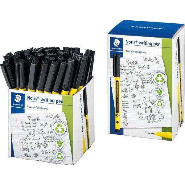 Packung STAEDTLER Noris Schreibstifte, dargestellt in einer Schachtel und einer Einzelhandelverpackung mit der Bezeichnung „Noris Schreibstift