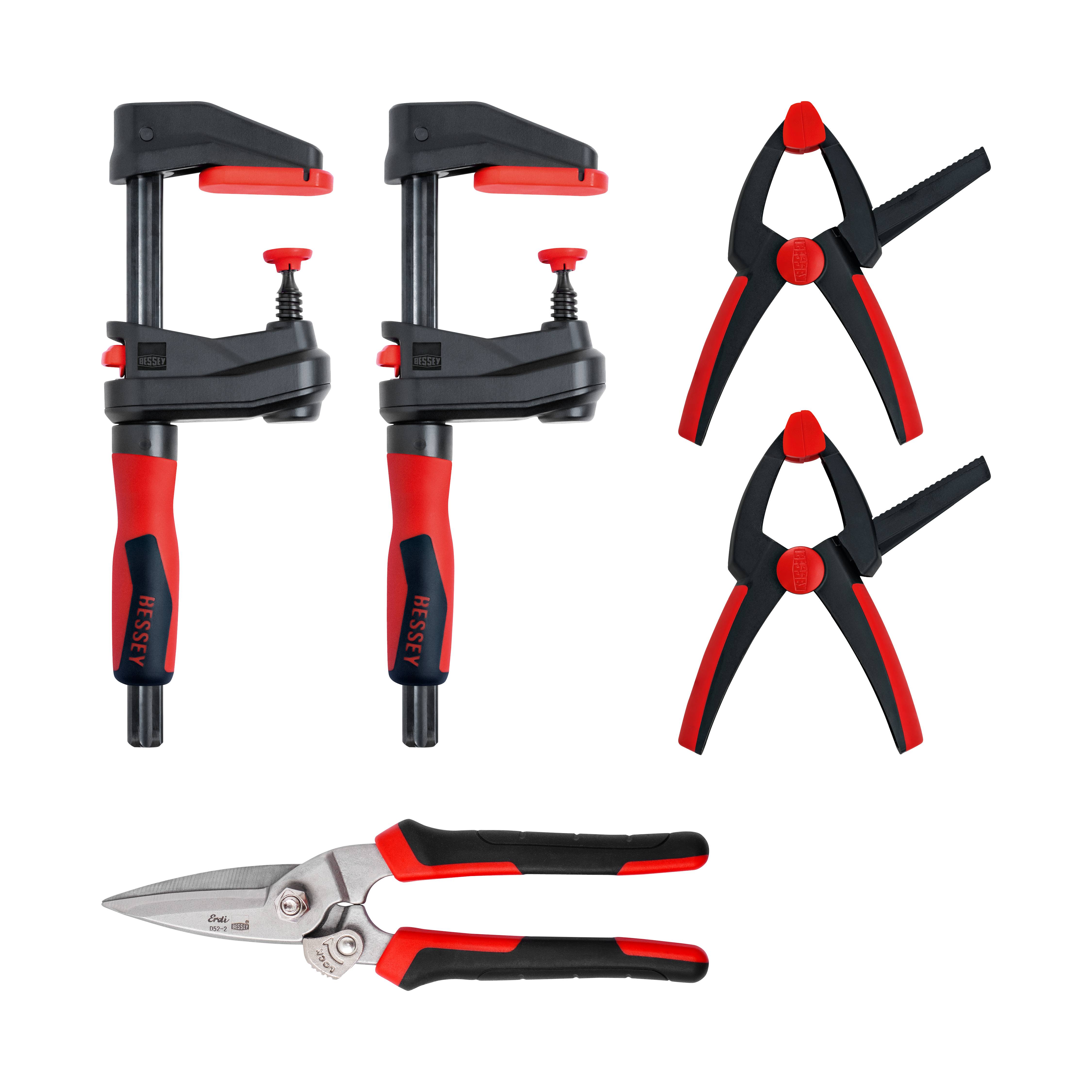 BESSEY DIY Set Aktion 2 x Getriebezwinge Gearklamp GK15 + Combi-Schere D52-2 + 2 x Federzwinge VarioClippix XV5-100