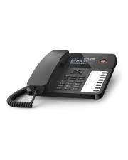 Schwarzes schnurgebundenes Schreibtischtelefon mit Hörer auf der Basis, Tastatur, Display und sichtbarem Spiralkabel auf weißem Hintergrund.