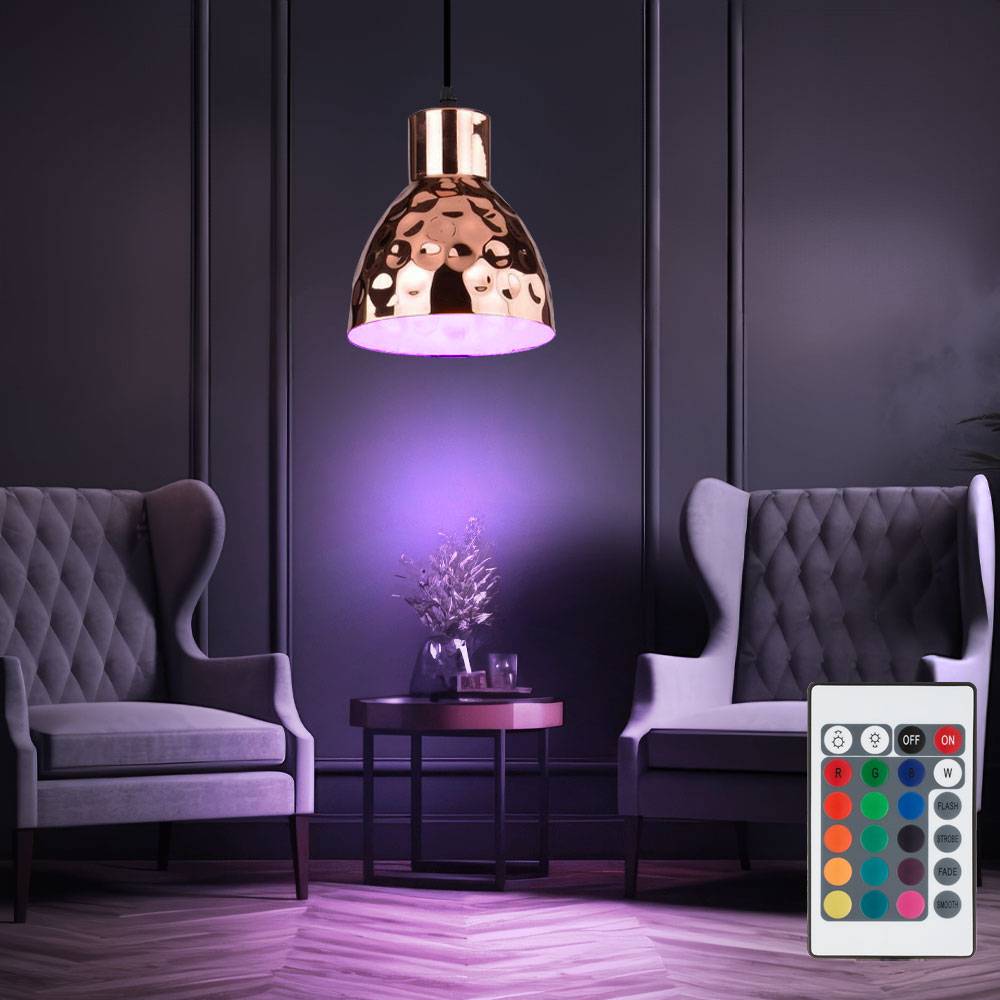 Hängeleuchte mit Fernbedienung dimmbar Esszimmerleuchte Hammerschlag Optik rosegold Pendelleuchte Metall Retro, RGB LED 8,5W 806Lm warmweiß, DxH 15x