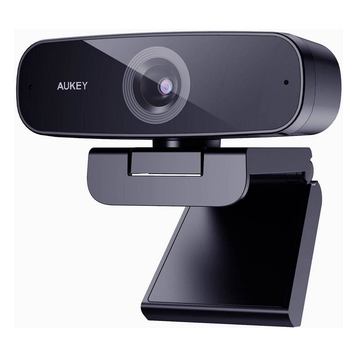 Eine schwarze Aukey-Webcam mit Linse und Ständer, geeignet zur Platzierung am Computer, konzipiert für Videokonferenzen oder Streaming.