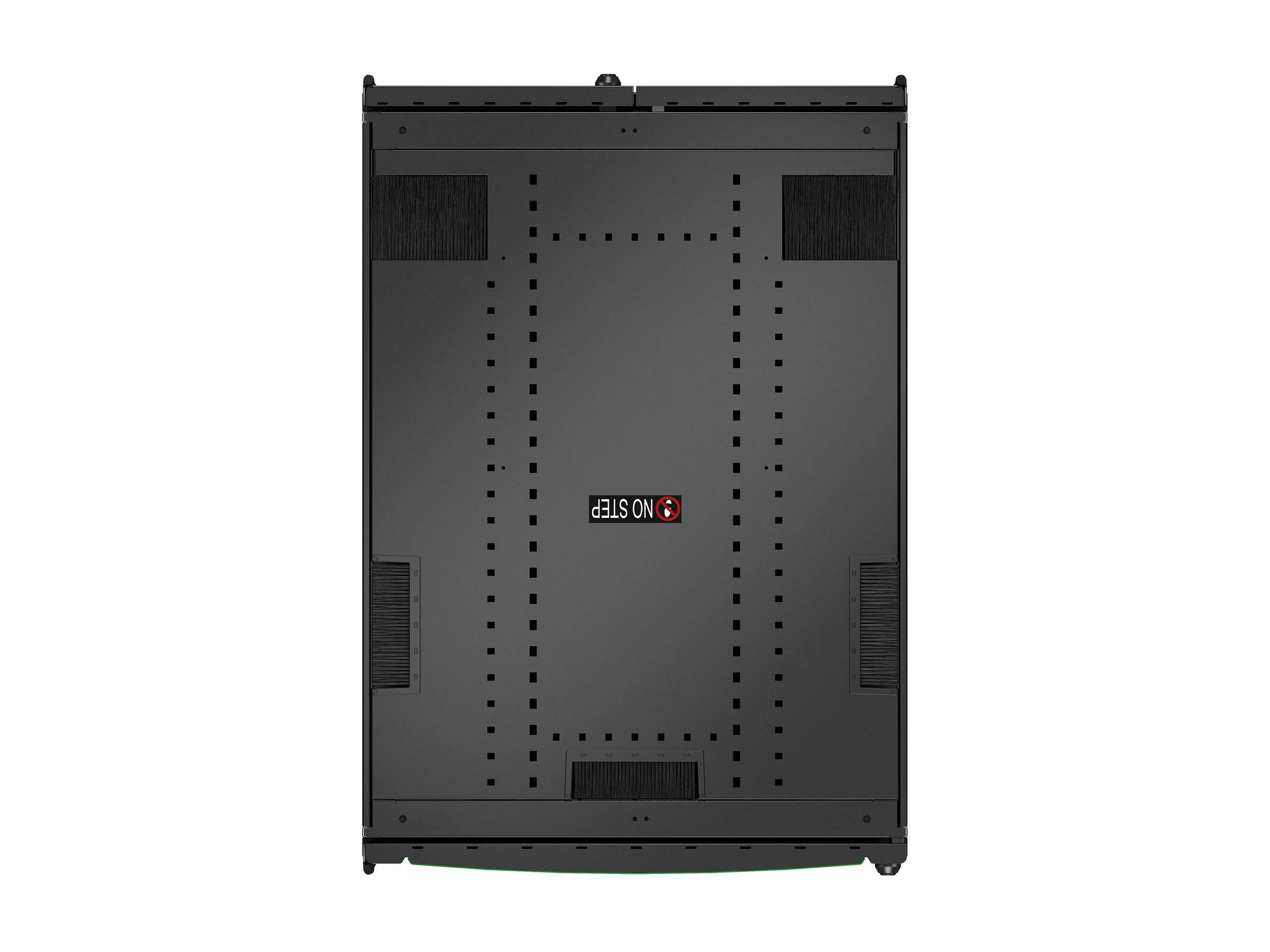Schwarzes rechteckiges Gerätegehäuse oder Rackpanel von hinten betrachtet, mit Belüftungsschlitzen und einem kleinen, zentriert angebrachten Warnschild „NO STEP