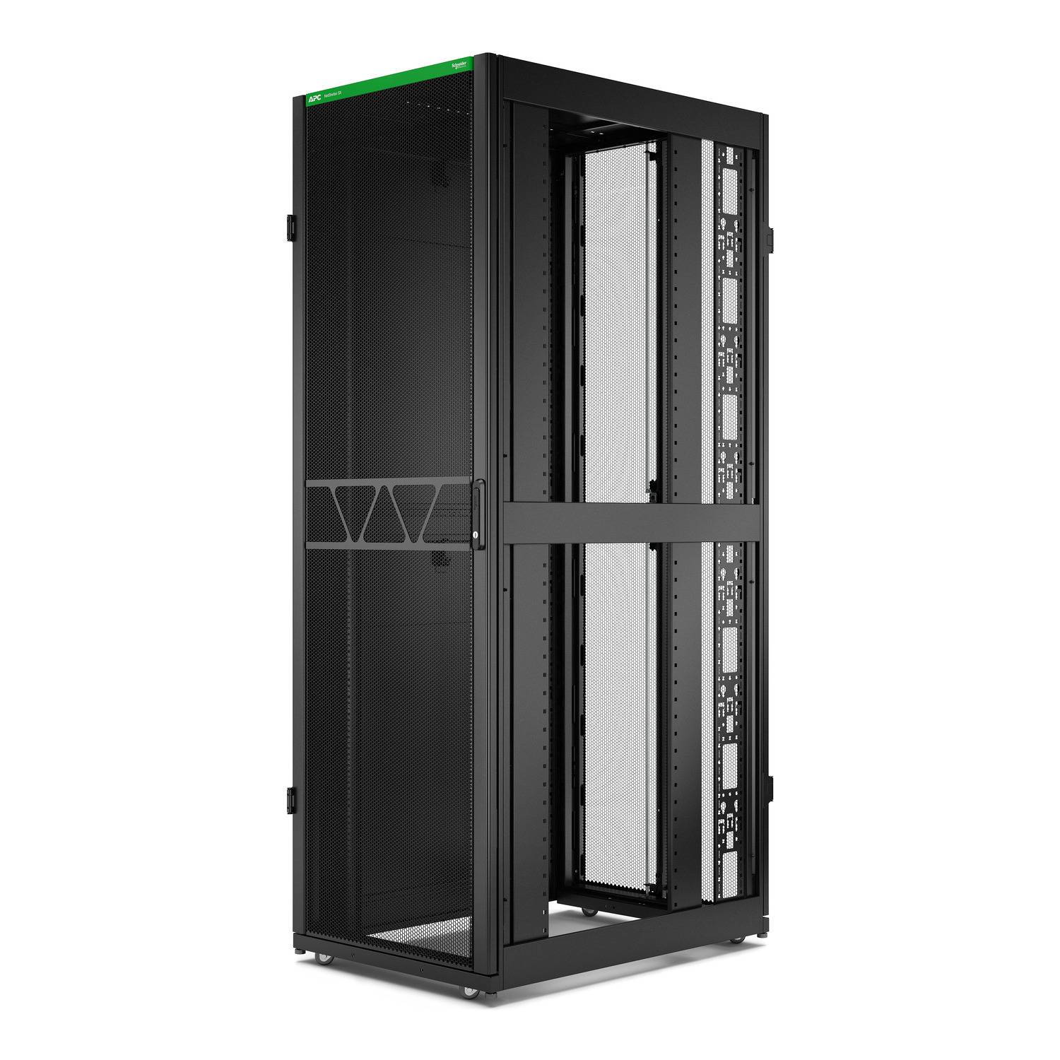 Schwarzes Serverrack-Schrank mit Glastür vorne, offener Seite und Befestigungsschienen für Netzwerkgeräte