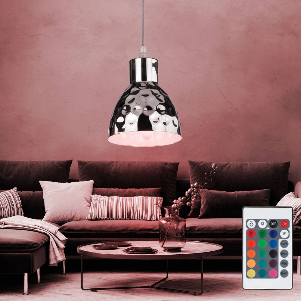 Hängelampe dimmbar mit Fernbedienung Hammerschlag Wohnzimmerleuchte LED Pendellampe, RGB Farbwechsel, Metall, 8,5W 806lm warmweiß, DxH 15 x 100 cm