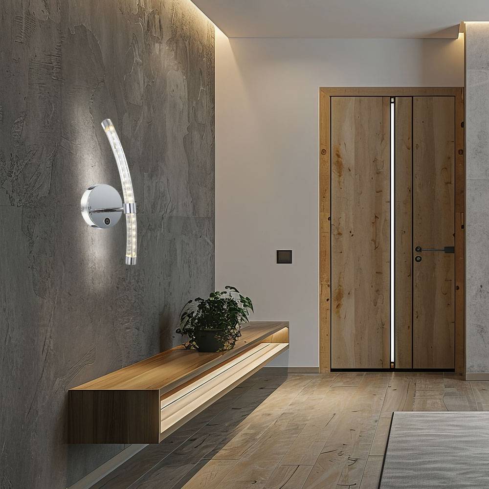 LED Wandleuchte Glas gebogen Flurleuchte Wohnzimmerlampe Schlafzimmerleuchte Touchdimmer Wandlampe Chrom, 7W 490lm 4000K neutralweiß, BxH 12x37 cm