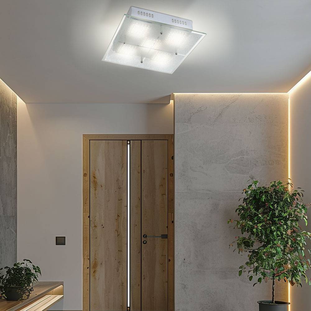 Deckenlampe Wohnzimmerleuchte Esszimmerlampe Deckenleuchte Flurlampe Küchenleuchte, Metall Chrom Glas satiniert, LED 3,5W 280Lm 3000K warmweiß, L 28