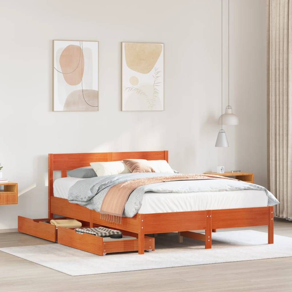 vidaXL Massivholzbett ohne Matratze Wachsbraun 150x200 cm Kiefernholz