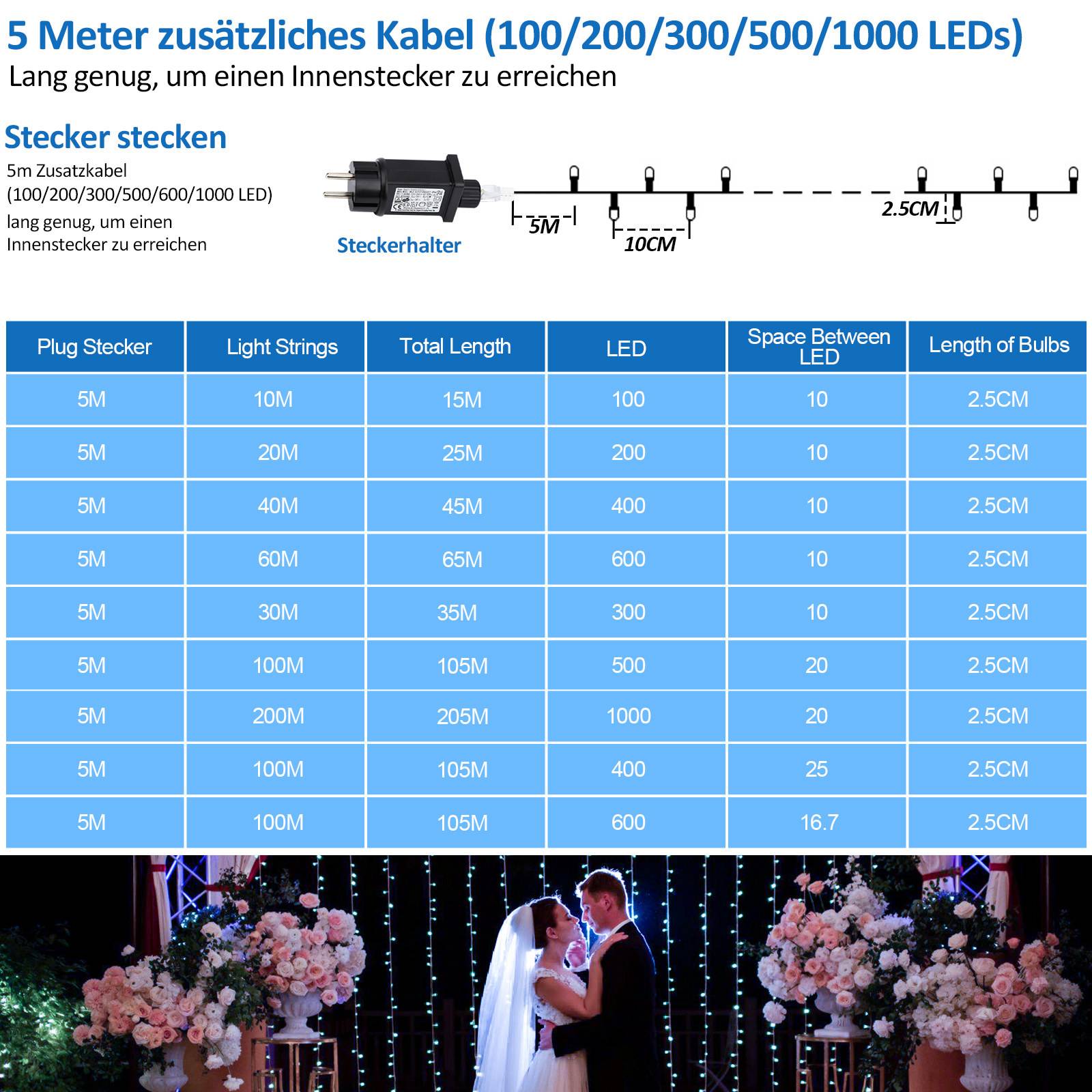 10M 100 LED Lichterkette 8 Lichtmodi Wasserdicht Party Garten Beleuchtung Innen Außen Weihnachten Hochzeit Deko Kaltweiß
