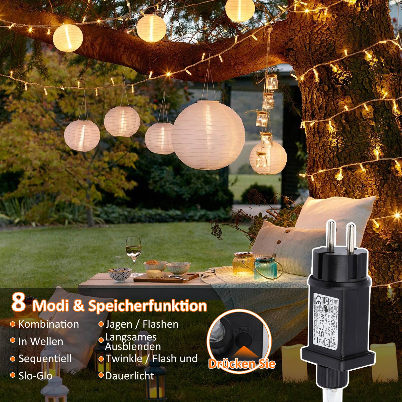 20M 200 LED Lichterkette 8 Lichtmodi Wasserdicht Party Garten Strom Beleuchtung Innen Außen Weihnachten Hochzeit Deko Warmweiß