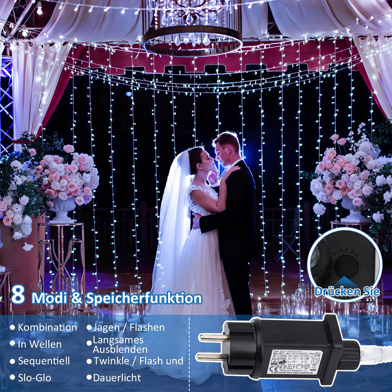 10M 100 LED Lichterkette 8 Lichtmodi Wasserdicht Party Garten Beleuchtung Innen Außen Weihnachten Hochzeit Deko Kaltweiß