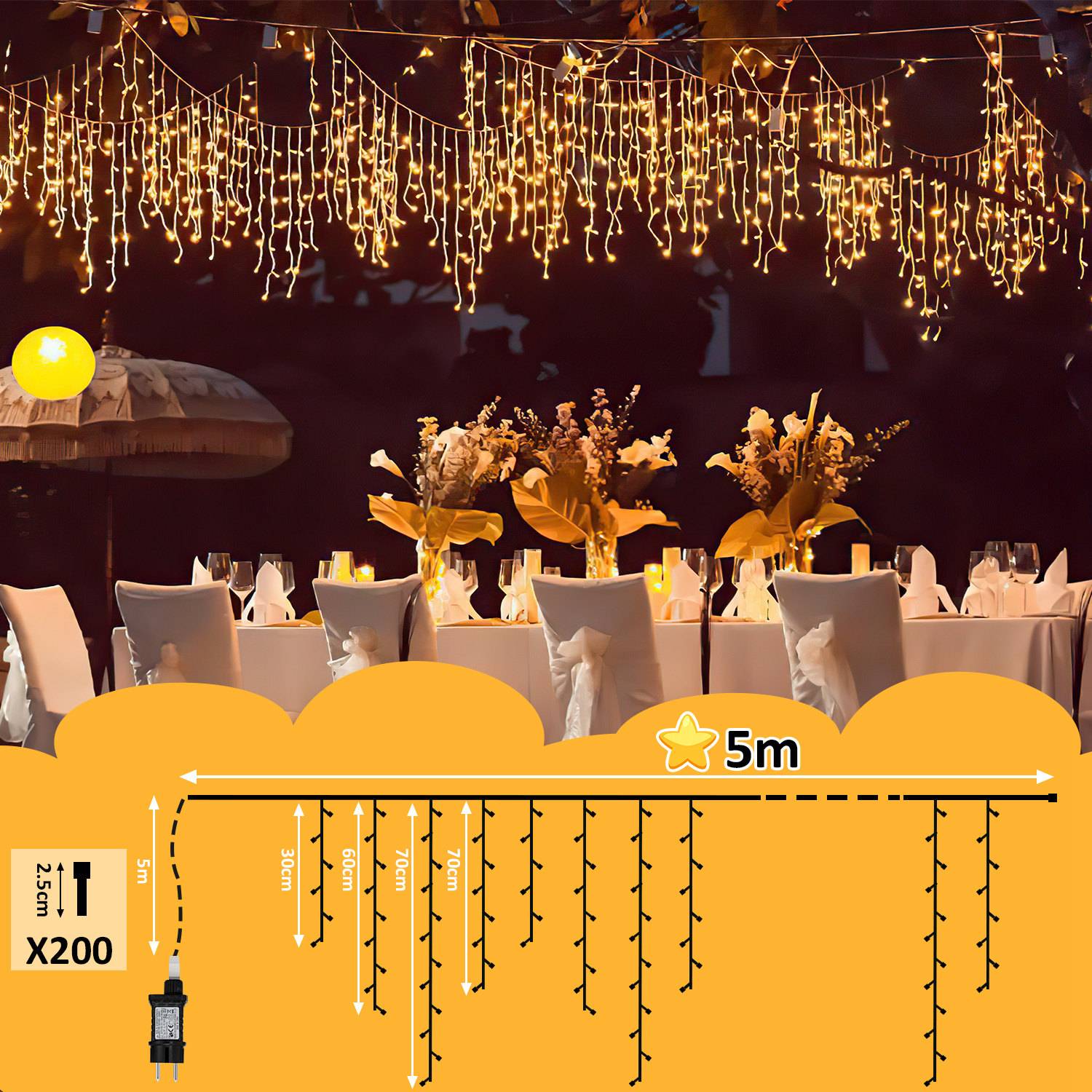 5M LED Eisregen Lichterkette Außen Innen Warmweiß Lichtervorhang 200 LEDs Eiszapfen Weihnachtsbeleuchtung 8 Modi Weihnachtsdeko Party Garten