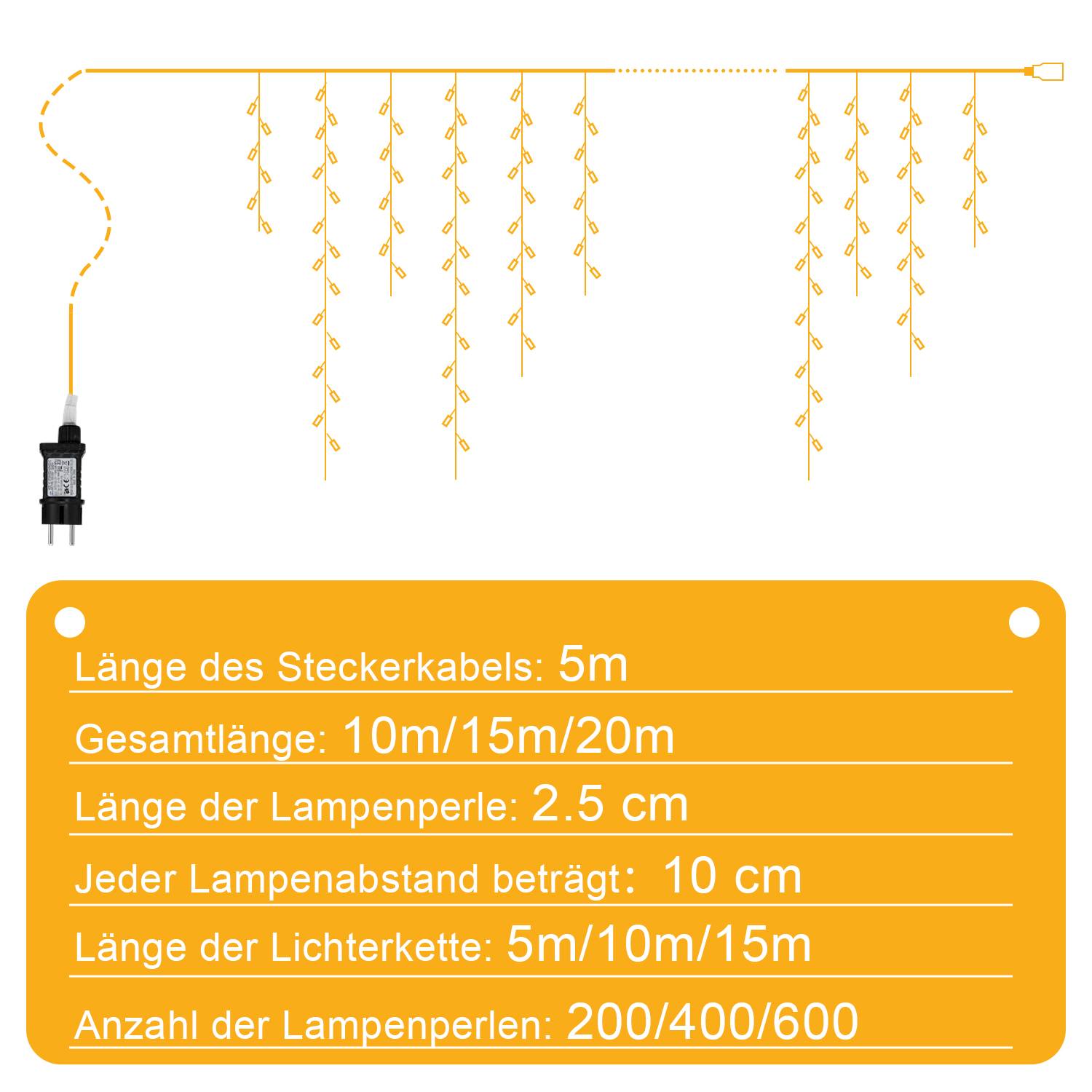 5M LED Eisregen Lichterkette Außen Innen Kaltweiß Lichtervorhang 200 LEDs Eiszapfen Weihnachtsbeleuchtung 8 Modi Weihnachtsdeko Party Garten