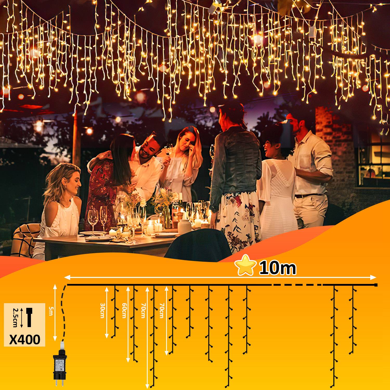 10M LED Eisregen Lichterkette Außen Innen Warmweiß Lichtervorhang 400 LEDs Eiszapfen Weihnachtsbeleuchtung 8 Modi Weihnachtsdeko Party Garten