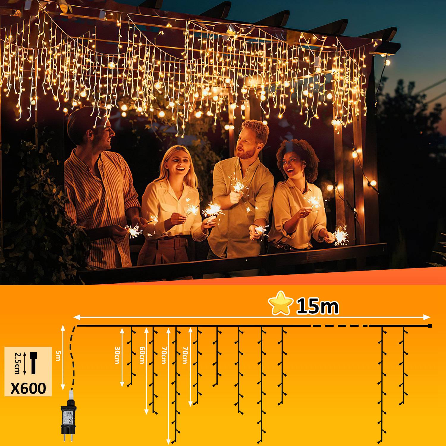 15M LED Eisregen Lichterkette Außen Innen Warmweiß Lichtervorhang 600 LEDs Eiszapfen Weihnachtsbeleuchtung 8 Modi Weihnachtsdeko Party Garten