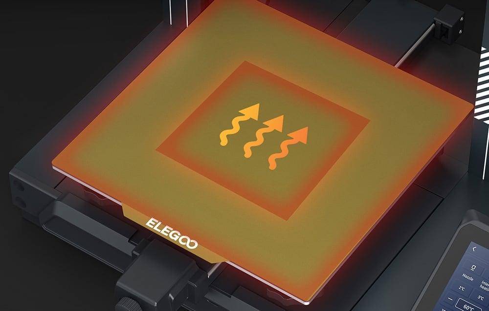 Ein beheiztes 3D-Druckerbett der Marke 'ELEGOO', das ein orangefarbenes Heiz-Symbol mit aufwärts gerichteten Pfeilen zur Darstellung der Wärmeverteilung zeigt.